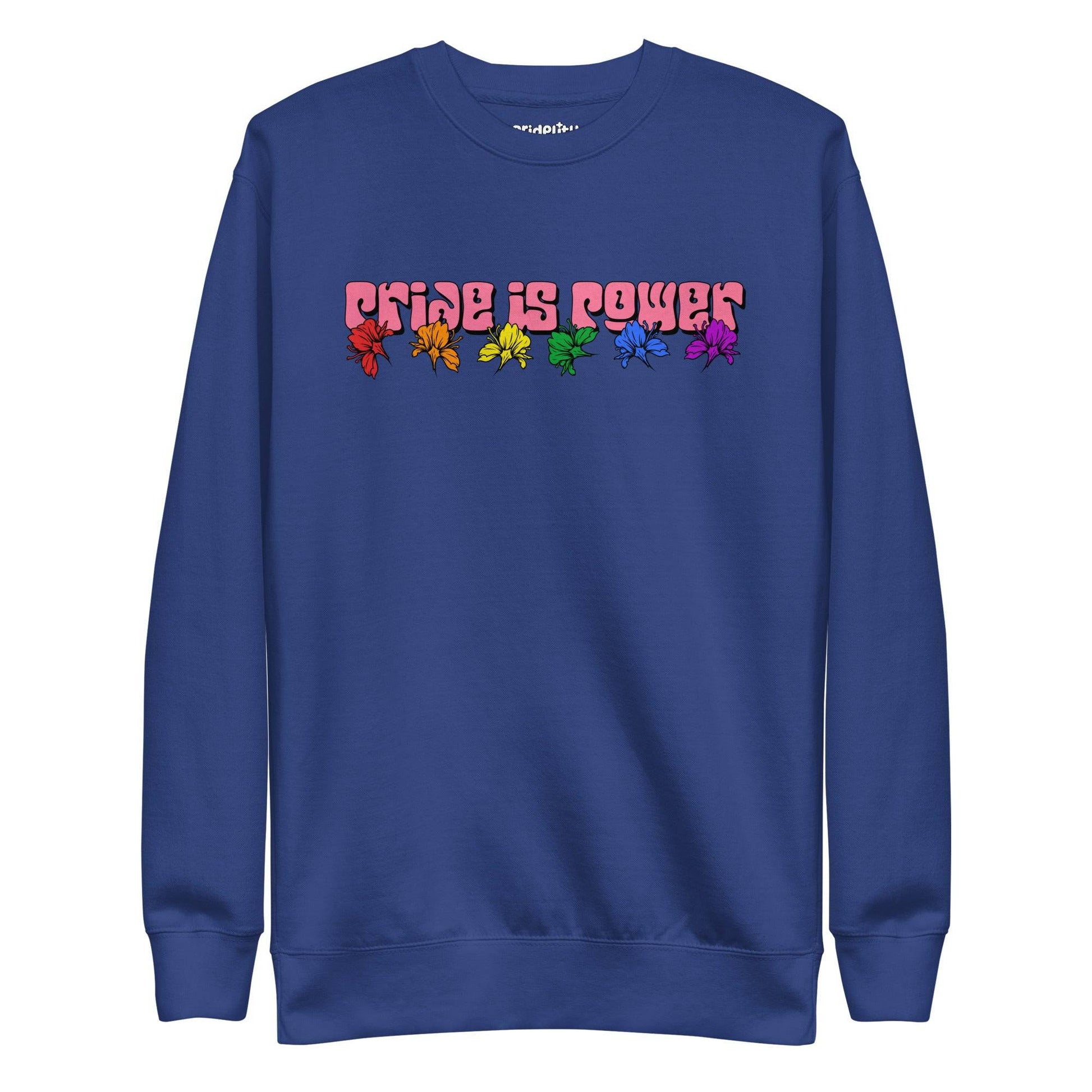 Introducing the "Pride Is Power Sweatshirt" by Pridelity, a black sweatshirt that features the phrase "PRIDE IS POWER" in eye-catching gradient letters. Below, six rainbow-colored butterflies symbolize diversity and pride, making it a standout piece from our pride collection.