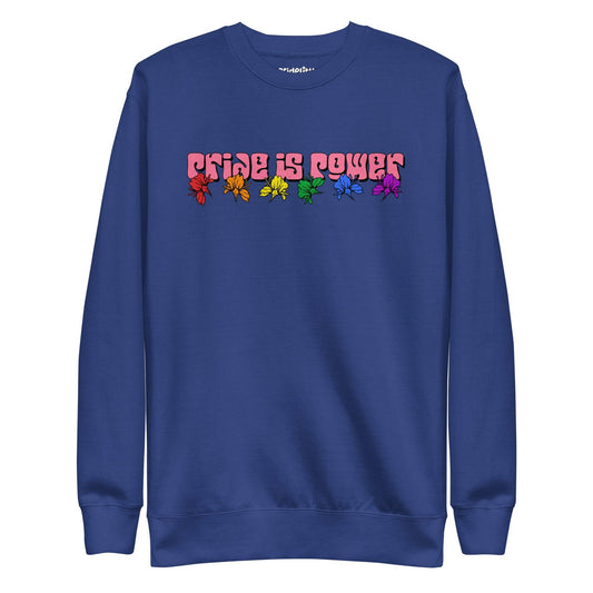 Introducing the "Pride Is Power Sweatshirt" by Pridelity, a black sweatshirt that features the phrase "PRIDE IS POWER" in eye-catching gradient letters. Below, six rainbow-colored butterflies symbolize diversity and pride, making it a standout piece from our pride collection.