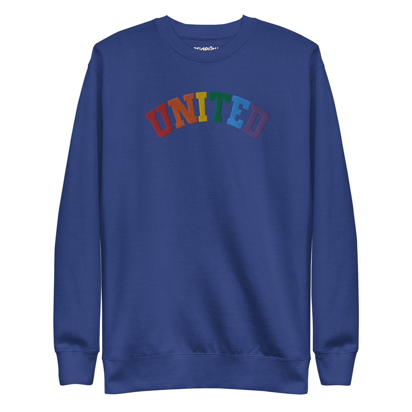 The United Sweatshirt from Pridelity's pride collection is a black design showcasing the word "UNITED" arced across the chest, with each letter in a different color to form a vibrant rainbow pattern. It features long sleeves and a crew neck, making it an ideal pride outfit for any occasion.