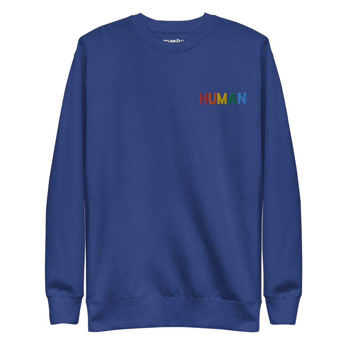 The crisp white "Human Sweatshirt" by Pridelity features the word "HUMAN" emblazoned across the chest in vibrant rainbow colors, making it a perfect statement piece for rainbow clothing enthusiasts. The brand name, Pridelity, is discreetly showcased on the collar, adding a subtle touch of identity to this chic sweatshirt.