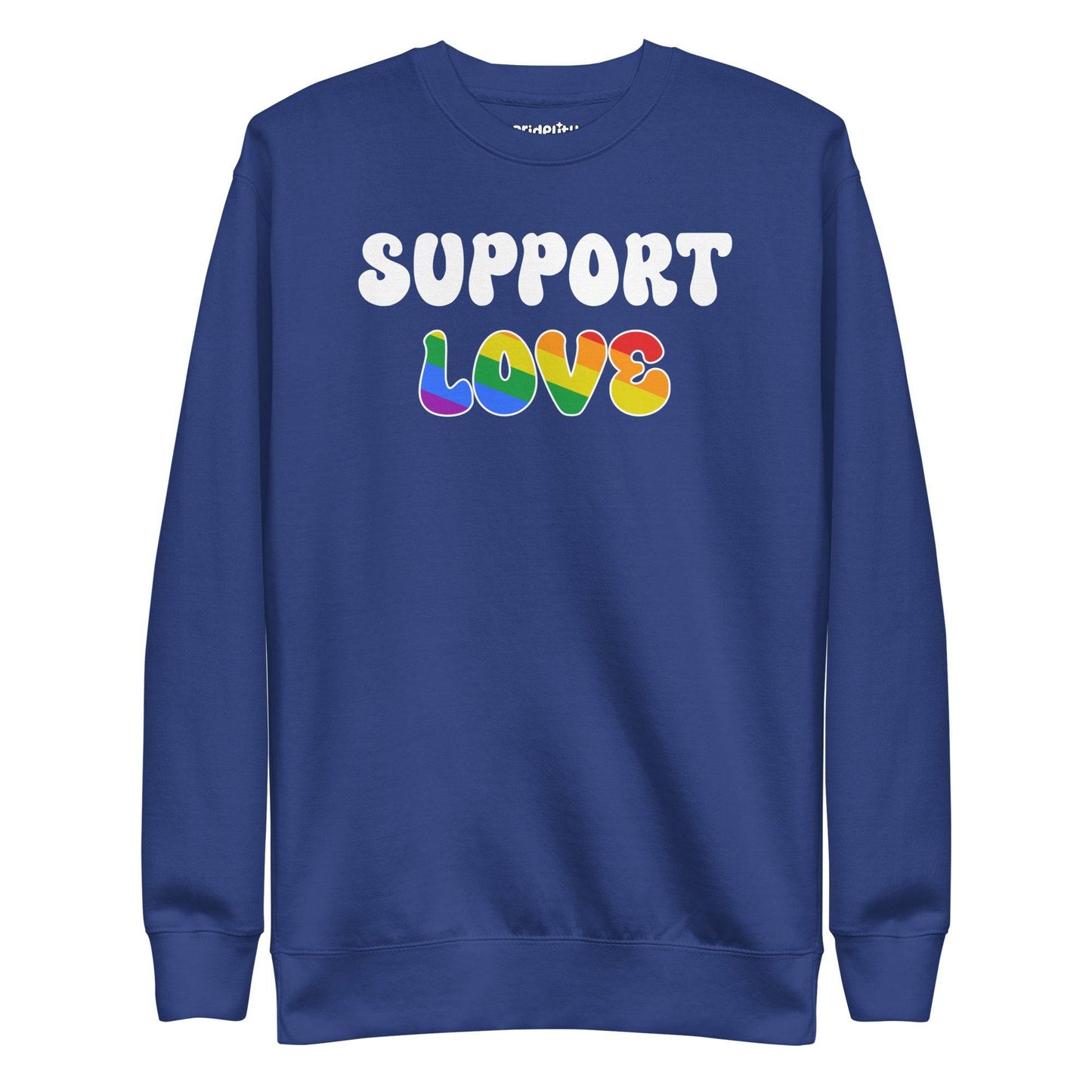 The black "Support Love Sweatshirt" from Pridelity's pride collection showcases "SUPPORT LOVE" on the front, with the word "LOVE" beautifully exploding in rainbow colors to symbolize diversity and inclusion. The striking design is a must-have piece for any pride outfit, standing out boldly against its plain background.
