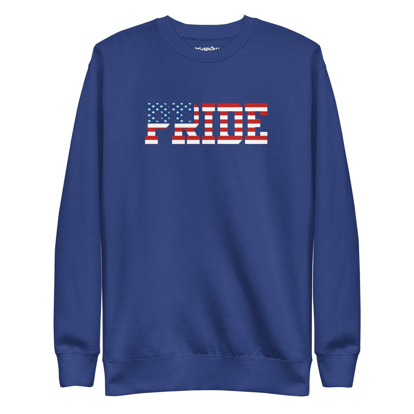 The American Pride Sweatshirt by Pridelity showcases "PRIDE" in an American flag pattern on the chest, featuring stars and stripes that reflect the essence of the USA flag. This bold and colorful design creates a striking contrast against the black fabric.