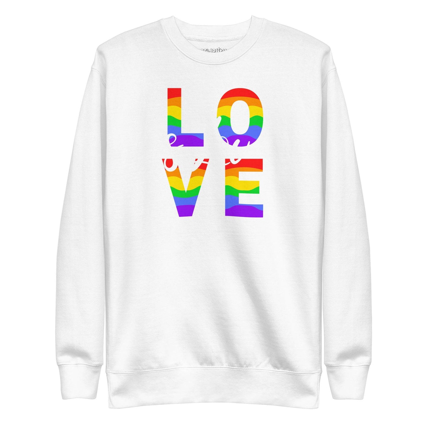 The Love Is Love Sweatshirt by Pridelity boasts a fashionable black design showcasing the empowering message "Love is Love." The word "LOVE" is prominently displayed in large, rainbow-hued letters arranged vertically, capturing the spirit of rainbow apparel. The phrase "is Love" is gracefully scripted in smaller white cursive across the center for added elegance.