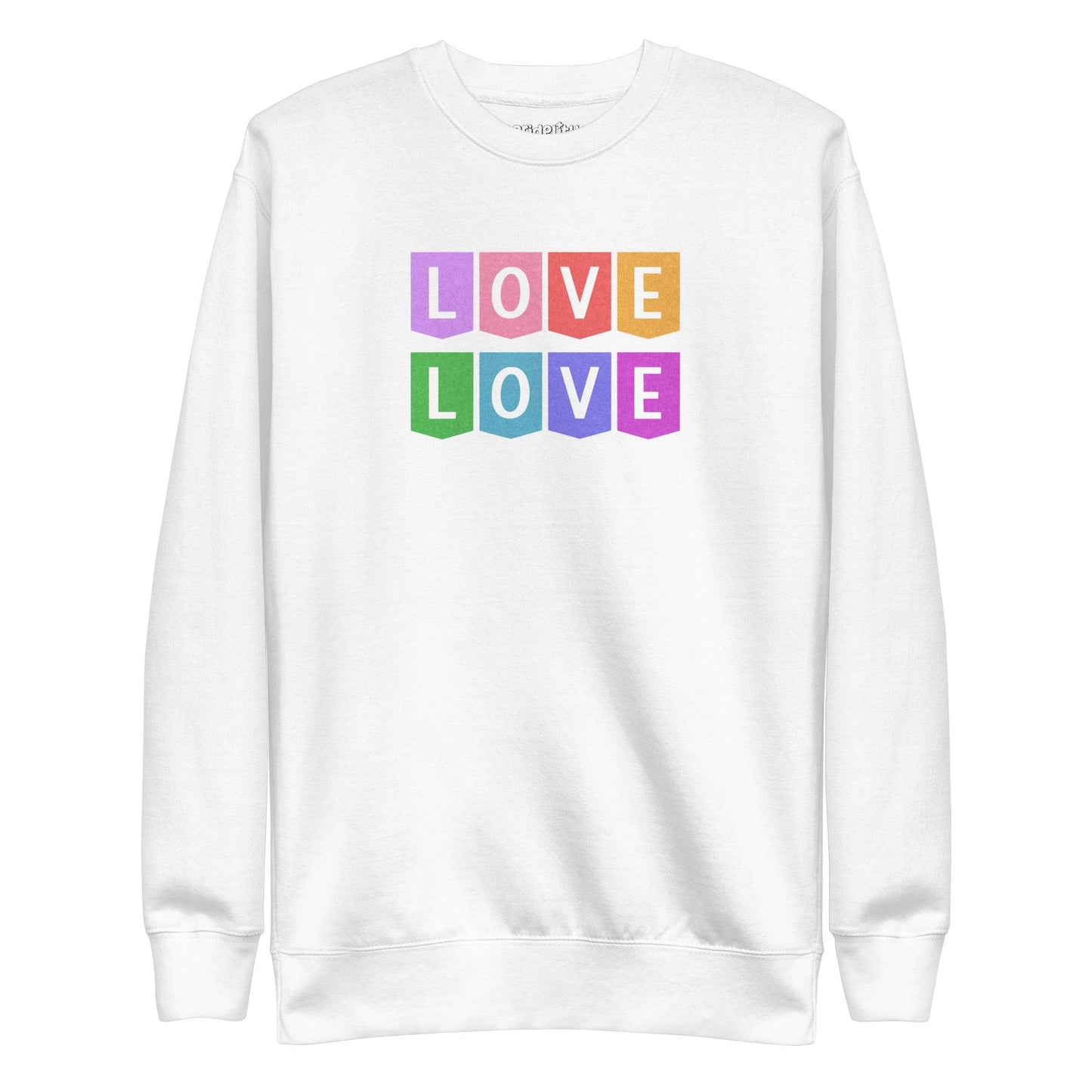 Introducing the Pridelity "Love Love Sweatshirt," a chic black sweatshirt showcasing the word "LOVE" repeated twice in a vivid rainbow block design, featuring bold letters in pink, yellow, purple, orange, and green. The playful and vibrant arrangement of the letters in two rows makes it an ideal choice for those who have a flair for rainbow fashion.