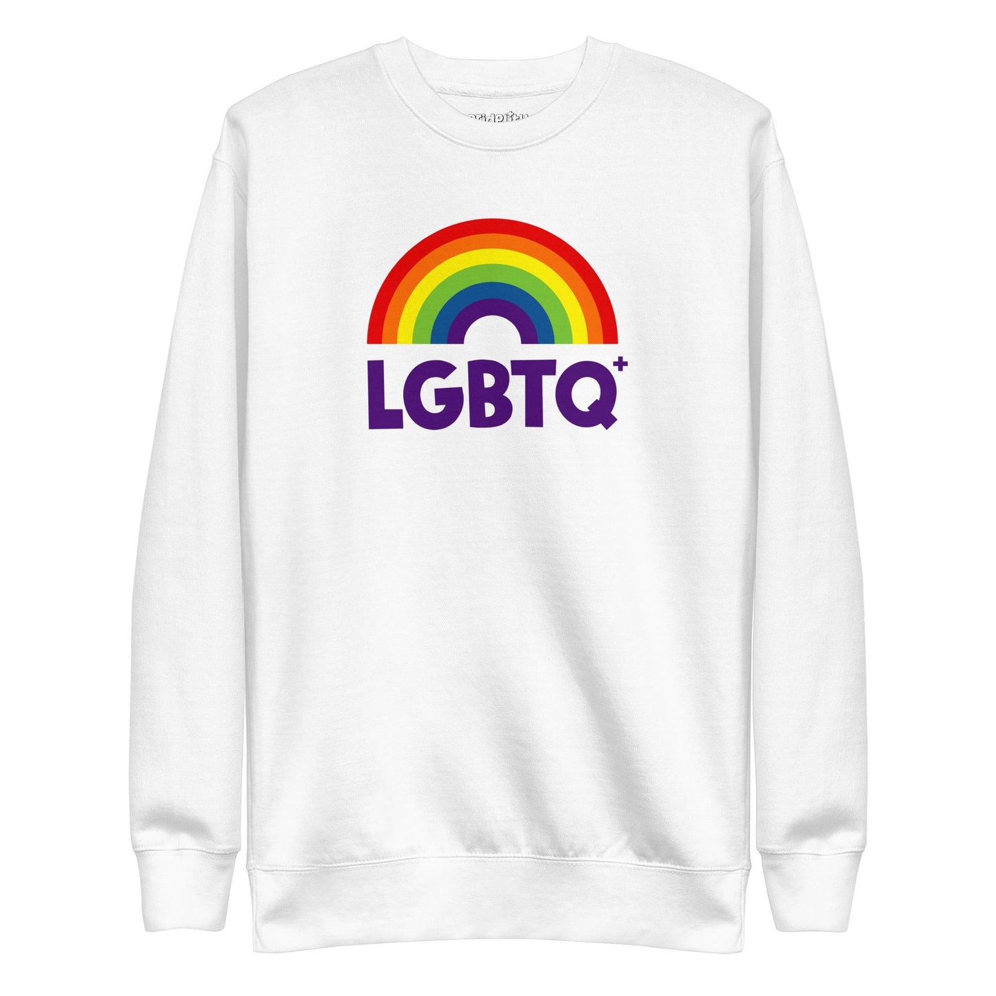 Introducing the Pridelity LGBTQ+ Sweatshirt in black, featuring a dynamic rainbow design with an arc and the word "LGBTQ+" in bold purple lettering.