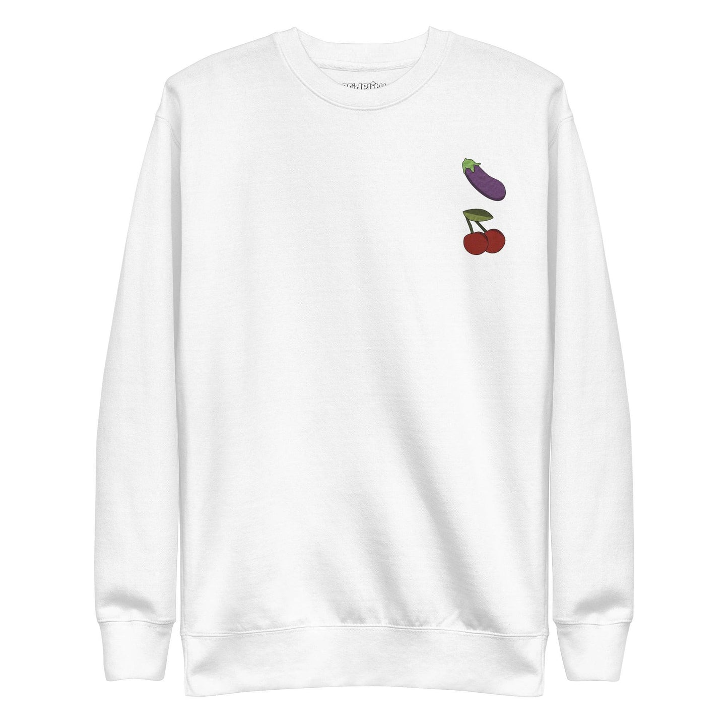 Check out the "Yummy Emojis Sweatshirt" by Pridelity in a dusty rose hue, showcasing small embroidered designs of an eggplant and cherries on the upper left side. This sweatshirt, from our exclusive pride collection, features a classic crew neck and long sleeves, making it perfect for any pride ensemble.
