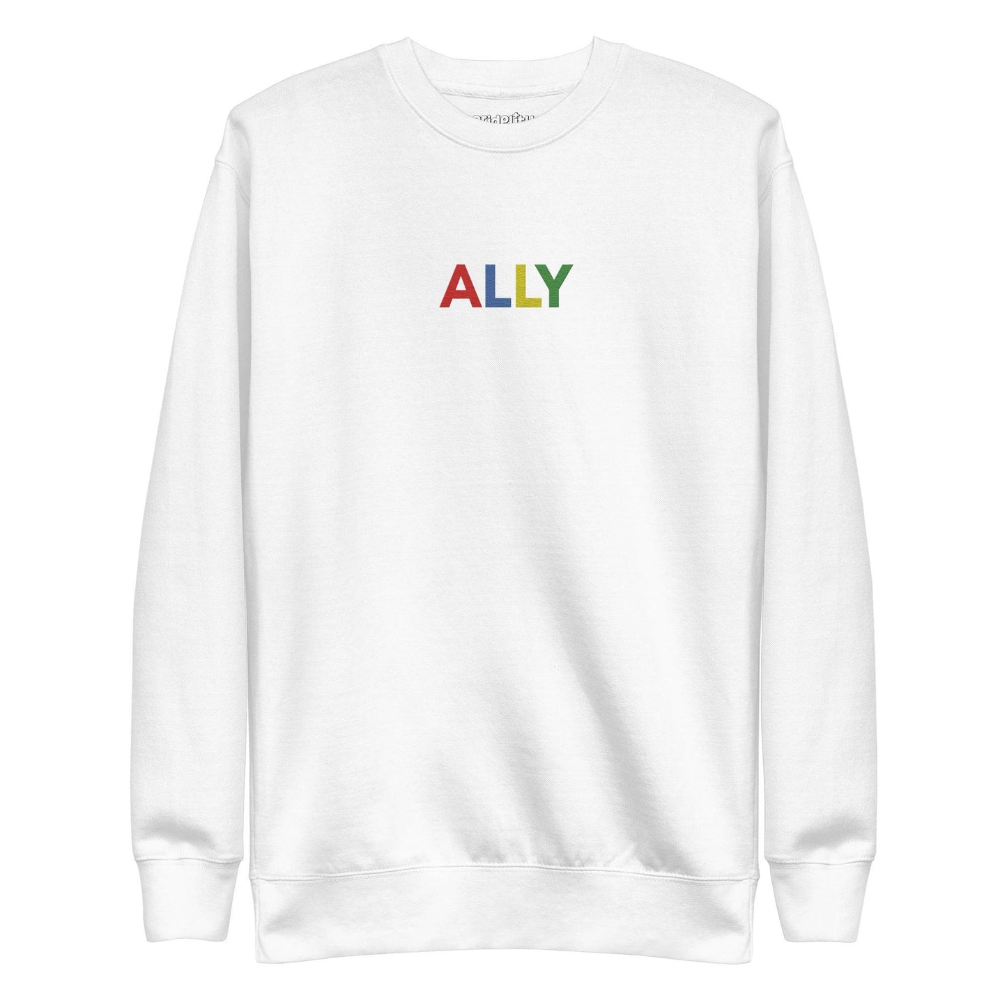 Black "Ally Sweatshirt" by Pridelity, featuring the word "ALLY" in bold, colorful letters on the front, is a standout piece from our Pride Collections.