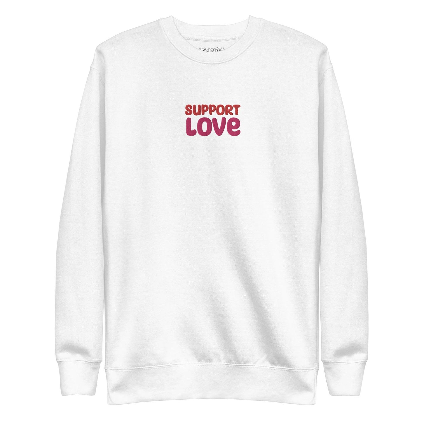 Dusty rose sweatshirt from Pridelity featuring "SUPPORT LOVE" in bold, purple lettering on the front. As part of our pride collection, this simple yet central design makes a proud statement.