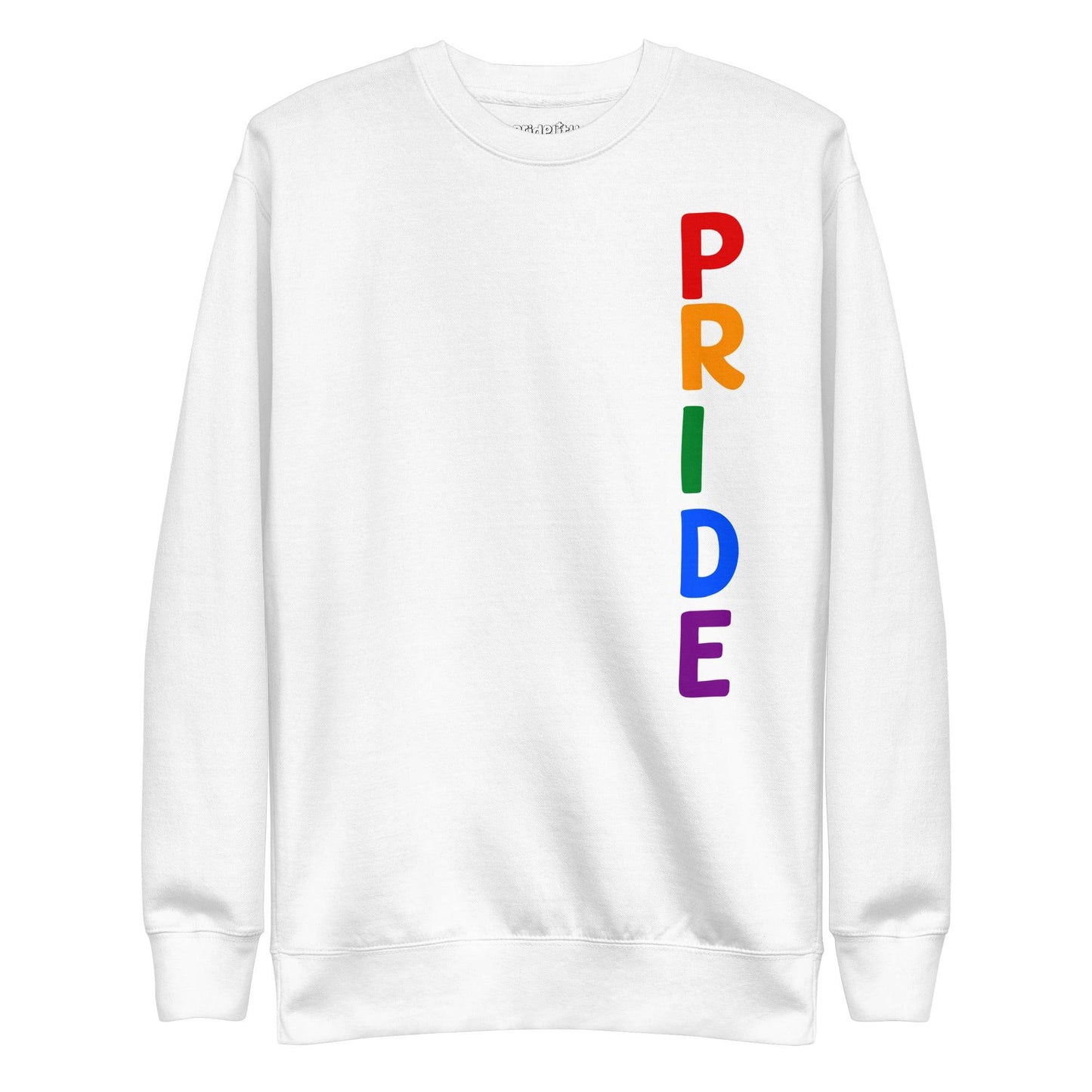 The Vertical Pride Sweatshirt by Pridelity is a white sweatshirt from the pride collection that proudly features the word "PRIDE" in vibrant rainbow colors, arranged vertically along the right side.