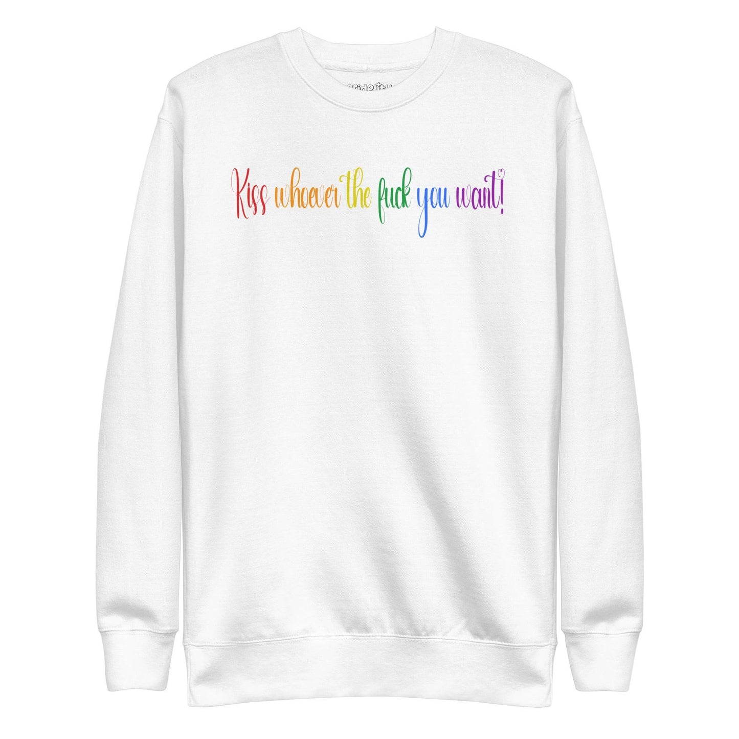 The black "Kiss Whoever The F*ck You Want" sweatshirt by Pridelity features vibrant rainbow text, making it a bold statement piece for those who cherish love and individuality. Add this splash of pride to your wardrobe today!