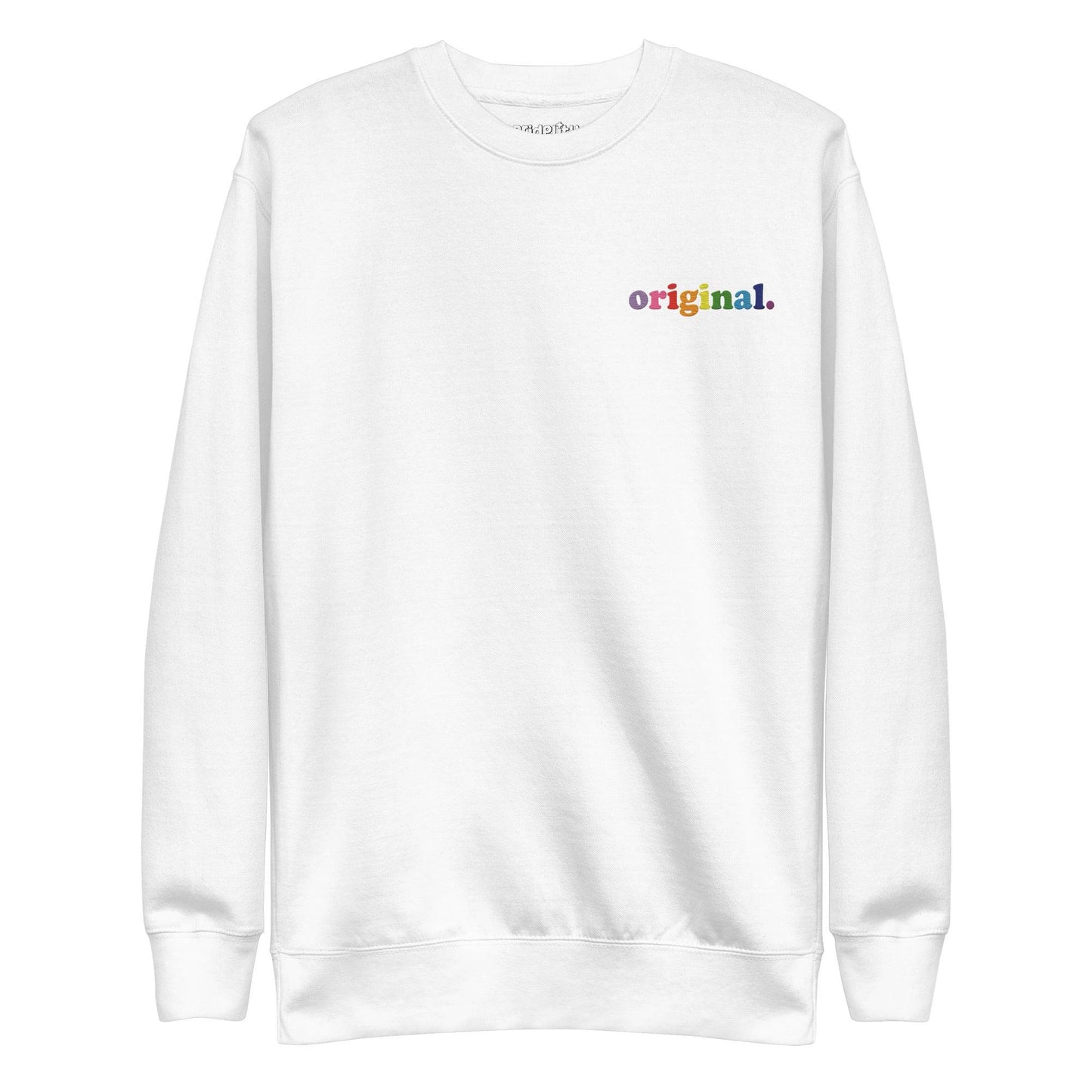 Introducing the Pridelity Original Sweatshirt in Team Royal, part of our pride collection. This minimalist design boasts the word "original." in vibrant letters on the upper left side, and features a classic crewneck style.