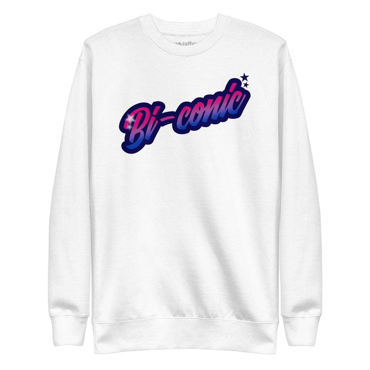 This exclusive Pride Merch piece, the Bi-Conic Sweatshirt by Pridelity, features a gray design with "Bi-conic" in a stylized pink and blue gradient text on the front, highlighted by a small star, celebrating identity with style and flair.