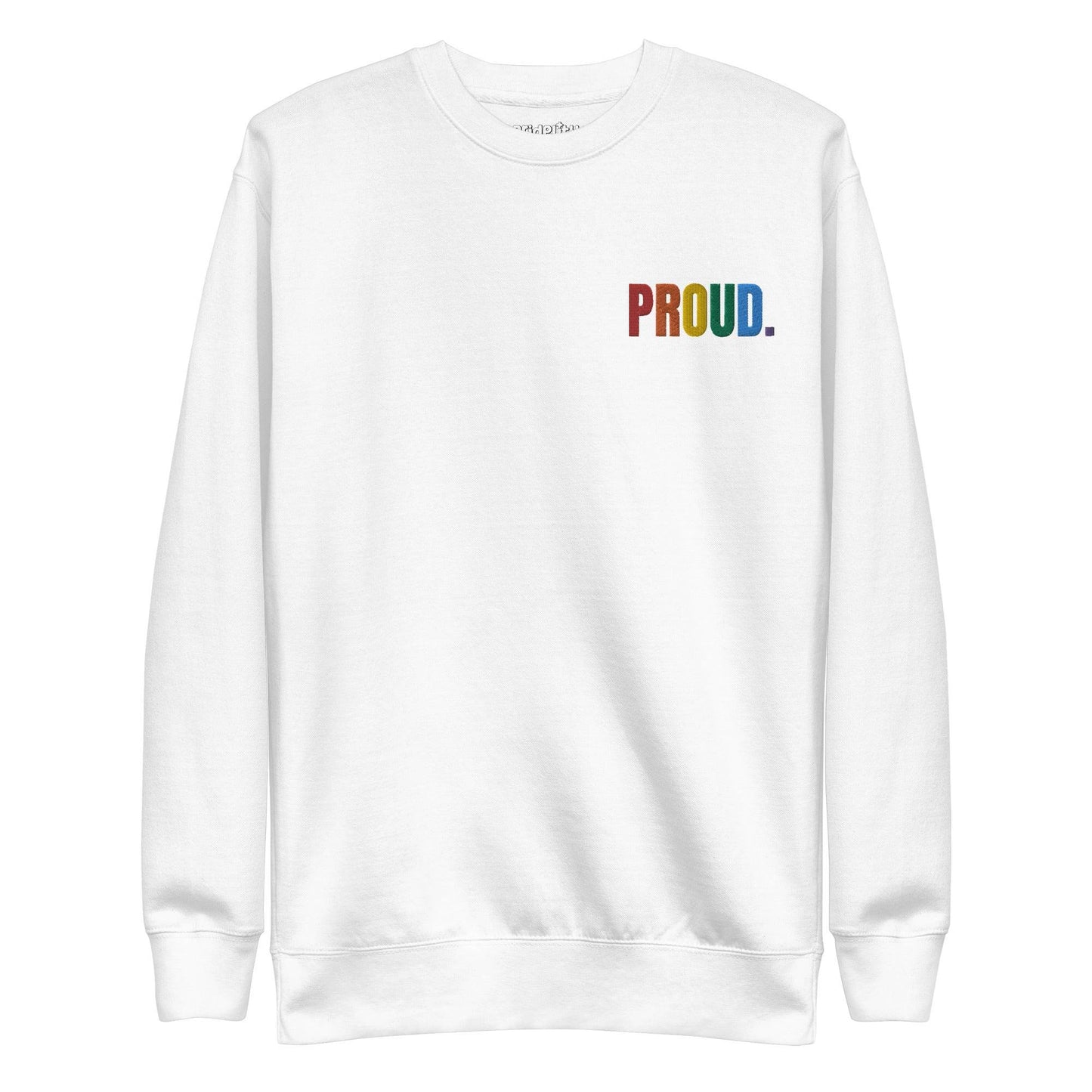 This carbon grey Proud Sweatshirt, part of our pride collection, showcases the word "Proud" embroidered in vibrant rainbow colors across the front. Above it, the brand name "Pridelity" is elegantly displayed in small white text, creating a standout pride outfit.