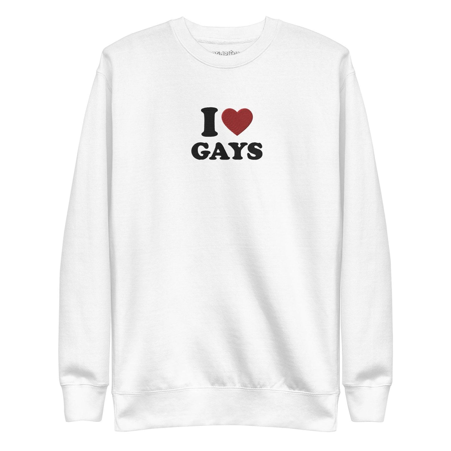 A Dusty Rose sweatshirt from Pridelity, featuring the text "I Love Gays" on the front, perfect for those who adore rainbow-themed attire.