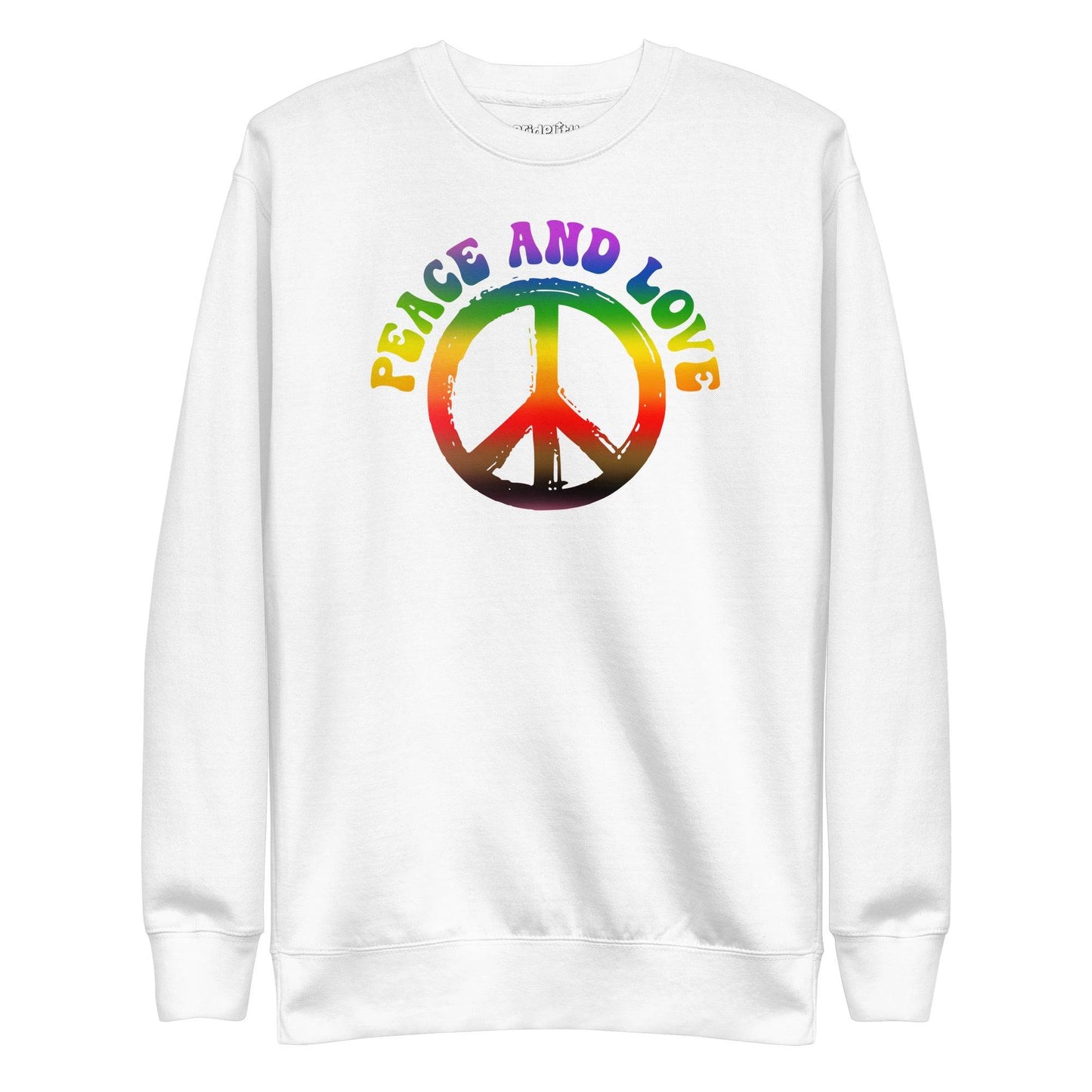 This Pridelity "Peace & Love" Sweatshirt in white showcases a vibrant rainbow "Peace and Love" text over a large peace symbol with gradient colors.