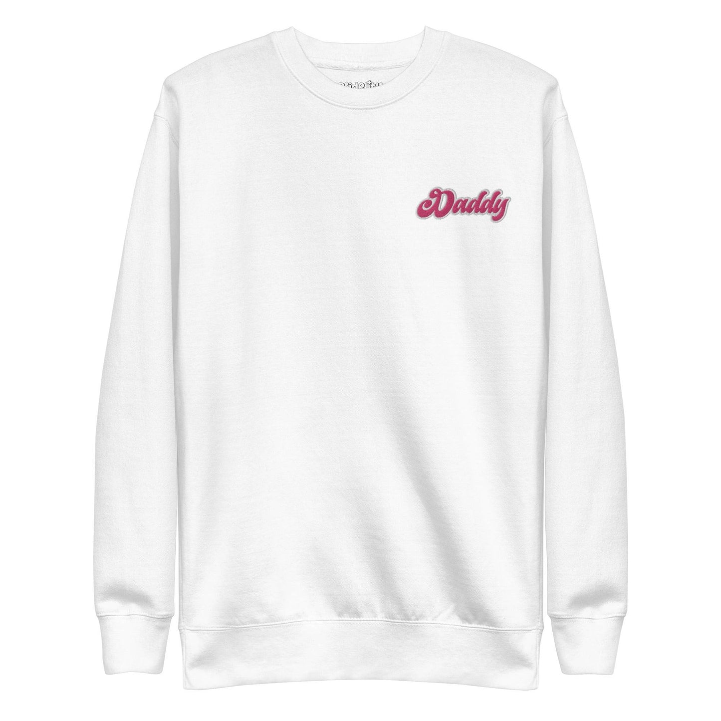 Introducing the "Daddy Sweatshirt" by Pridelity: a sleek black sweatshirt featuring the word "Daddy" beautifully embroidered in pink and white cursive on the left chest area, proudly showcased as part of our Pride Collections.