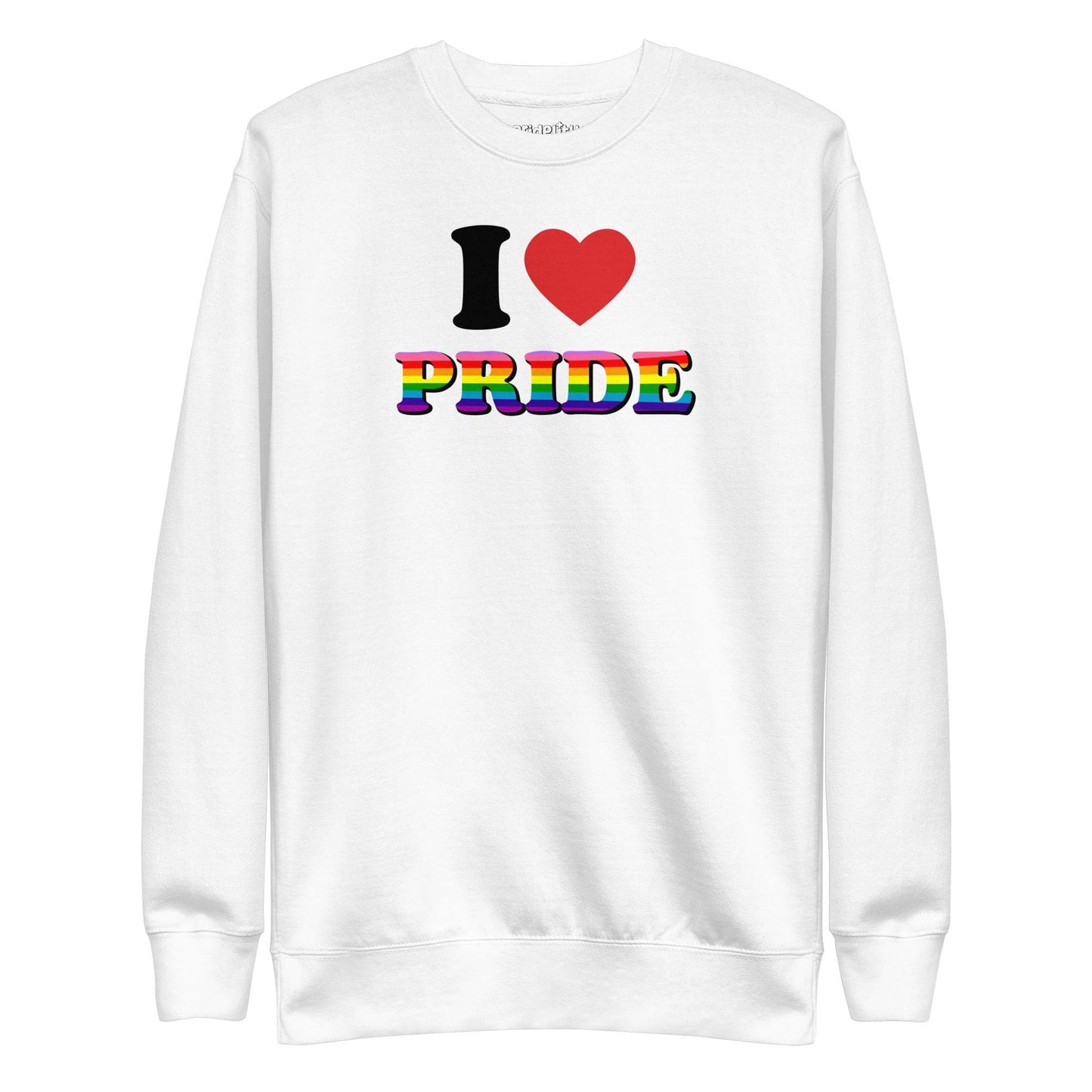 Pridelity's "I Love Pride Sweatshirt" is a white garment showcasing "I ♥ PRIDE" emblazoned on the front. The heart is a vivid red, and the word "PRIDE" is highlighted in bold letters with a dynamic rainbow gradient, making it an ideal piece for your rainbow clothing collection.
