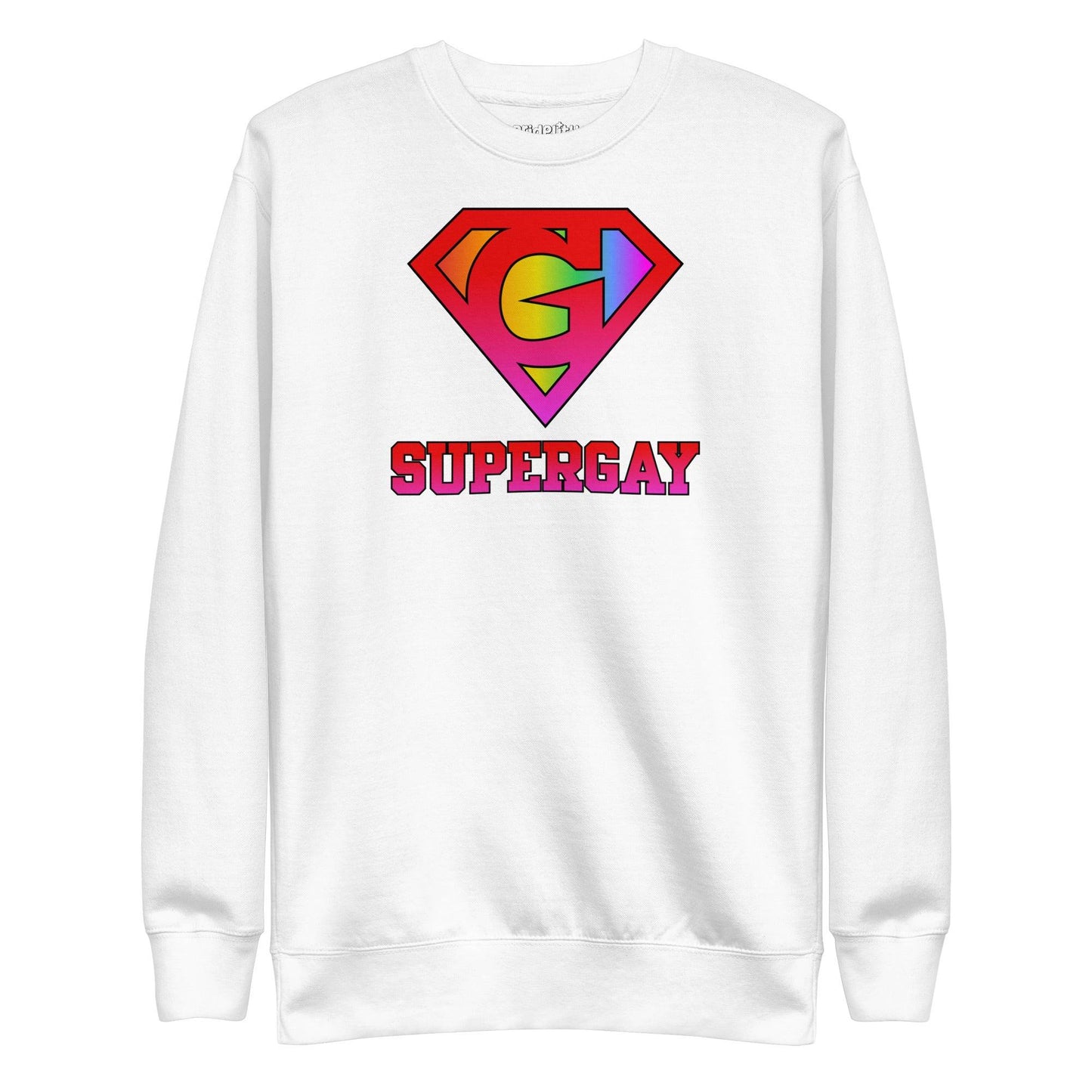 Introducing the Supergay Sweatshirt from Pridelity: a dusty rose sweatshirt featuring a stylized rainbow "S" emblem and a bold "SUPERGAY" print, perfect for adding to your pride collection.
