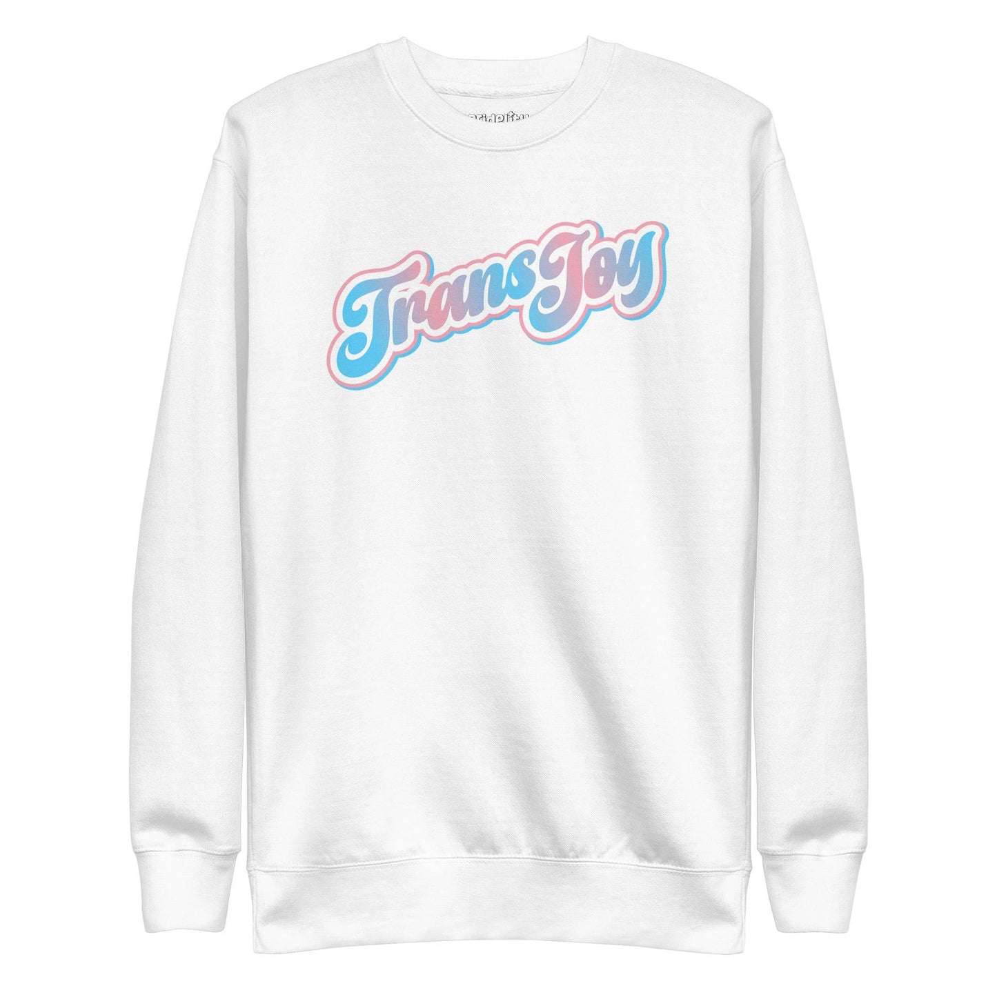 Introducing the Trans Joy Sweatshirt by Pridelity, a white sweatshirt from our pride collection adorned with the words "Trans Joy" in elegant blue and pink lettering across the chest.