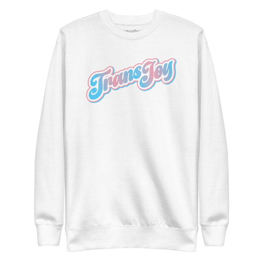 Introducing the Trans Joy Sweatshirt by Pridelity, a white sweatshirt from our pride collection adorned with the words "Trans Joy" in elegant blue and pink lettering across the chest.