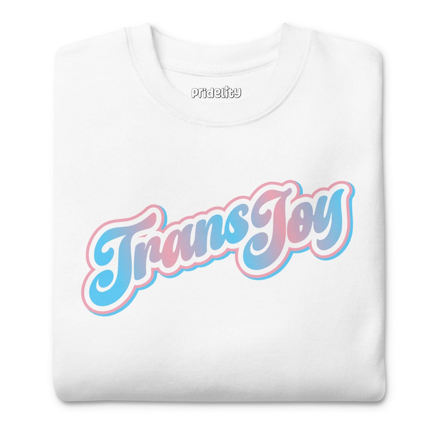 Introducing the Trans Joy Sweatshirt by Pridelity, a white sweatshirt from our pride collection adorned with the words "Trans Joy" in elegant blue and pink lettering across the chest.