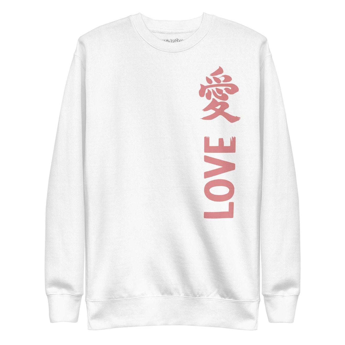 The Pridelity "Love Kanji Sweatshirt" is a white sweatshirt adorned with the word "LOVE" in pink capital letters running vertically down the right side. Above this is a pink kanji character symbolizing love, creating a harmonious design reminiscent of rainbow patterns.
