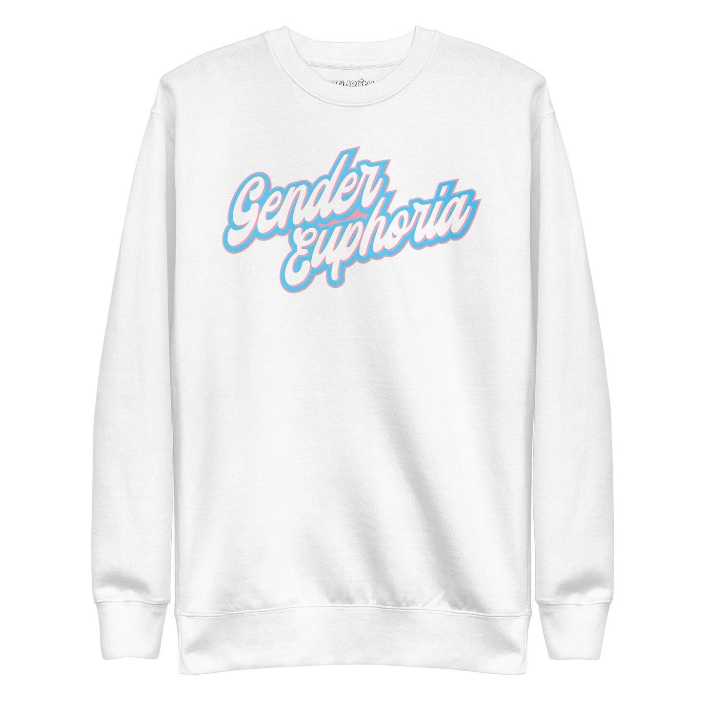 Introducing the Gender Euphoria Sweatshirt by Pridelity, offering a white backdrop adorned with "Gender Euphoria" in bold pastel pink and blue script on the front. This design embraces a casual and uplifting tone, celebrating identity with its cheerful colors.