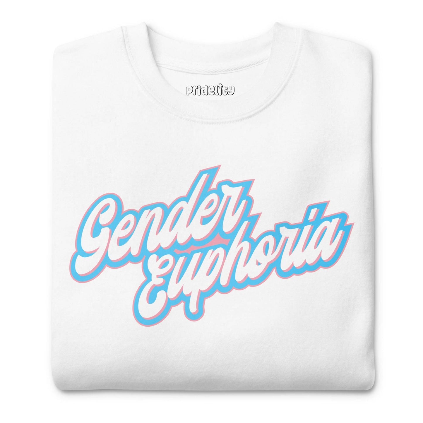 Introducing the Gender Euphoria Sweatshirt by Pridelity, offering a white backdrop adorned with "Gender Euphoria" in bold pastel pink and blue script on the front. This design embraces a casual and uplifting tone, celebrating identity with its cheerful colors.