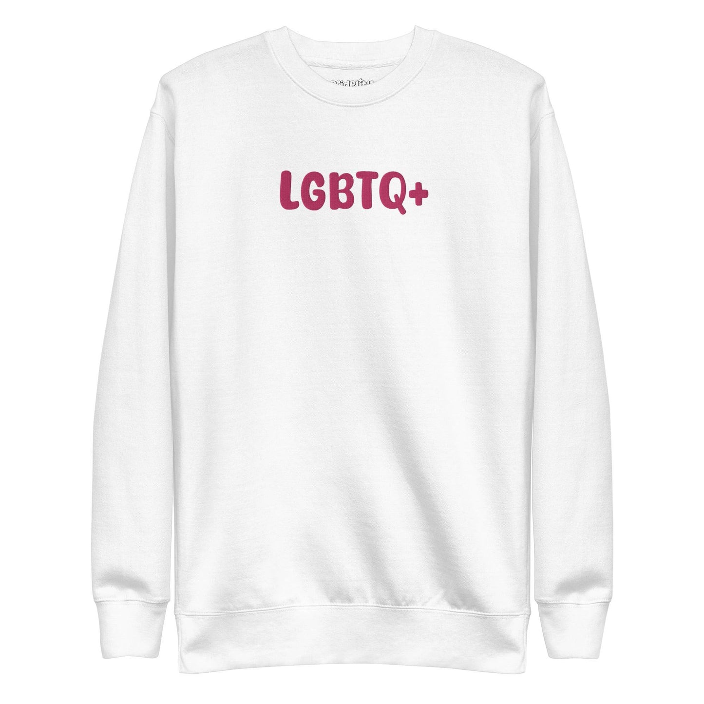 A Pridelity LGBTQ+ Sweatshirt in white, adorned with bold pink "LGBTQ+" lettering on the front, is perfect for embracing your pride with flair and aligns beautifully with the vibrant essence of rainbow apparel.