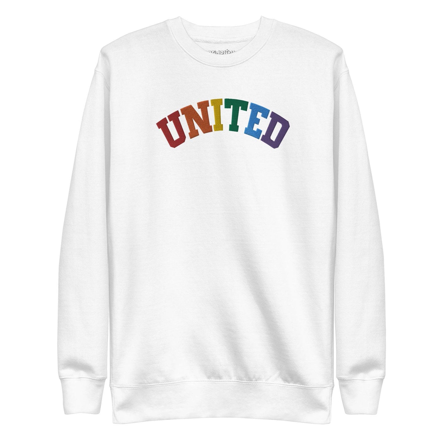 The United Sweatshirt from Pridelity's pride collection is a black design showcasing the word "UNITED" arced across the chest, with each letter in a different color to form a vibrant rainbow pattern. It features long sleeves and a crew neck, making it an ideal pride outfit for any occasion.