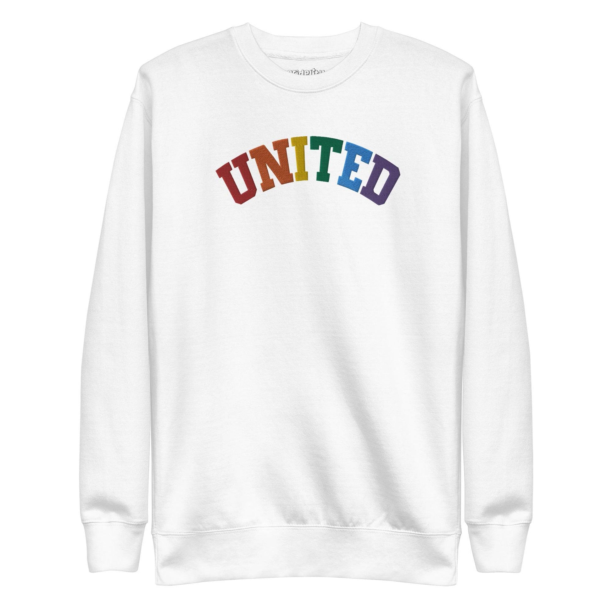 The United Sweatshirt from Pridelity's pride collection is a black design showcasing the word "UNITED" arced across the chest, with each letter in a different color to form a vibrant rainbow pattern. It features long sleeves and a crew neck, making it an ideal pride outfit for any occasion.
