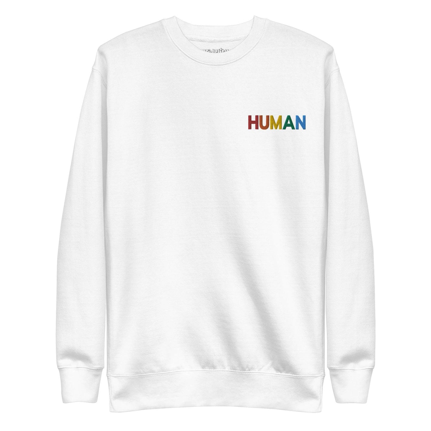 The crisp white "Human Sweatshirt" by Pridelity features the word "HUMAN" emblazoned across the chest in vibrant rainbow colors, making it a perfect statement piece for rainbow clothing enthusiasts. The brand name, Pridelity, is discreetly showcased on the collar, adding a subtle touch of identity to this chic sweatshirt.