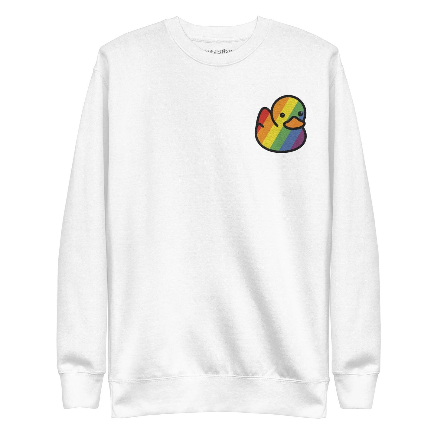 The Pride Duck Sweatshirt by Pridelity is a black sweatshirt with a small, colorful, rainbow-striped duck illustration on the upper left chest, perfect for adding a subtle touch to your pride outfit.
