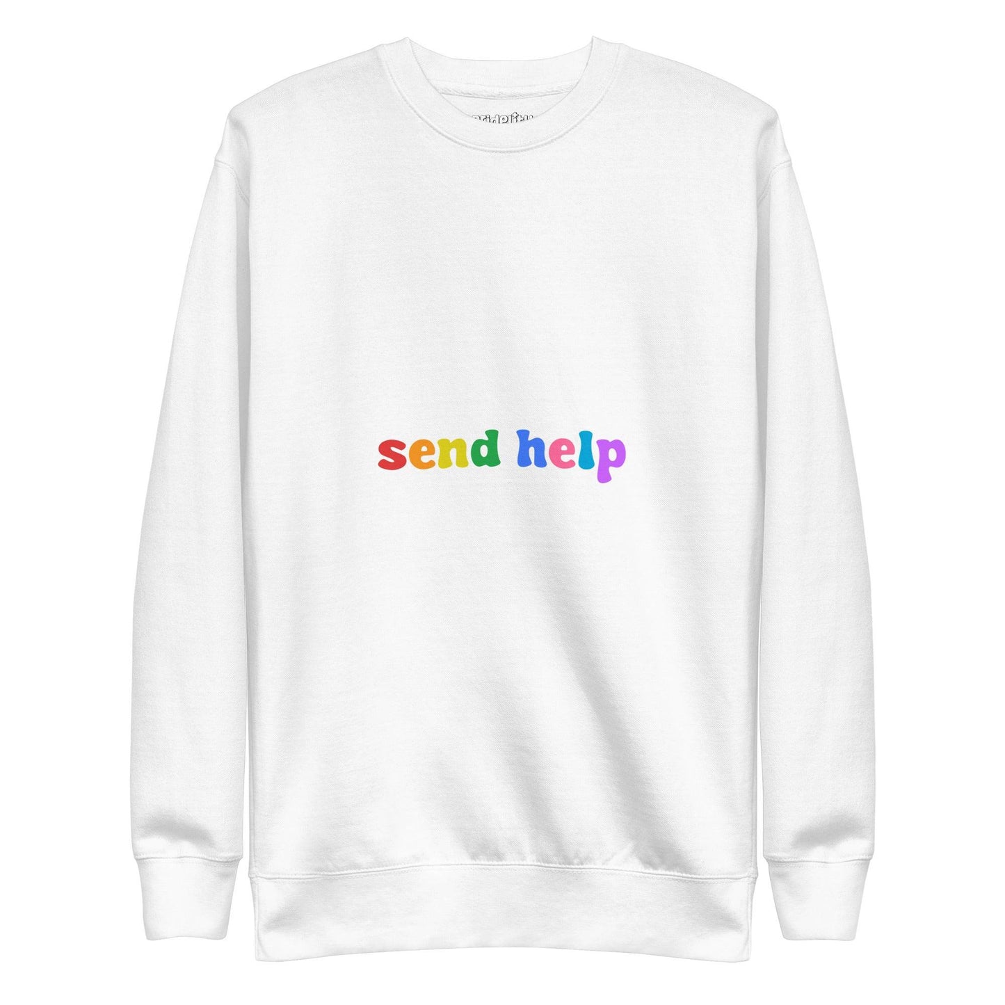 The "Gay & Tired Sweatshirt" by Pridelity is a black sweatshirt that displays bold white text saying "GAY & TIRED" along with colorful, rainbow-hued text below that reads "send help.