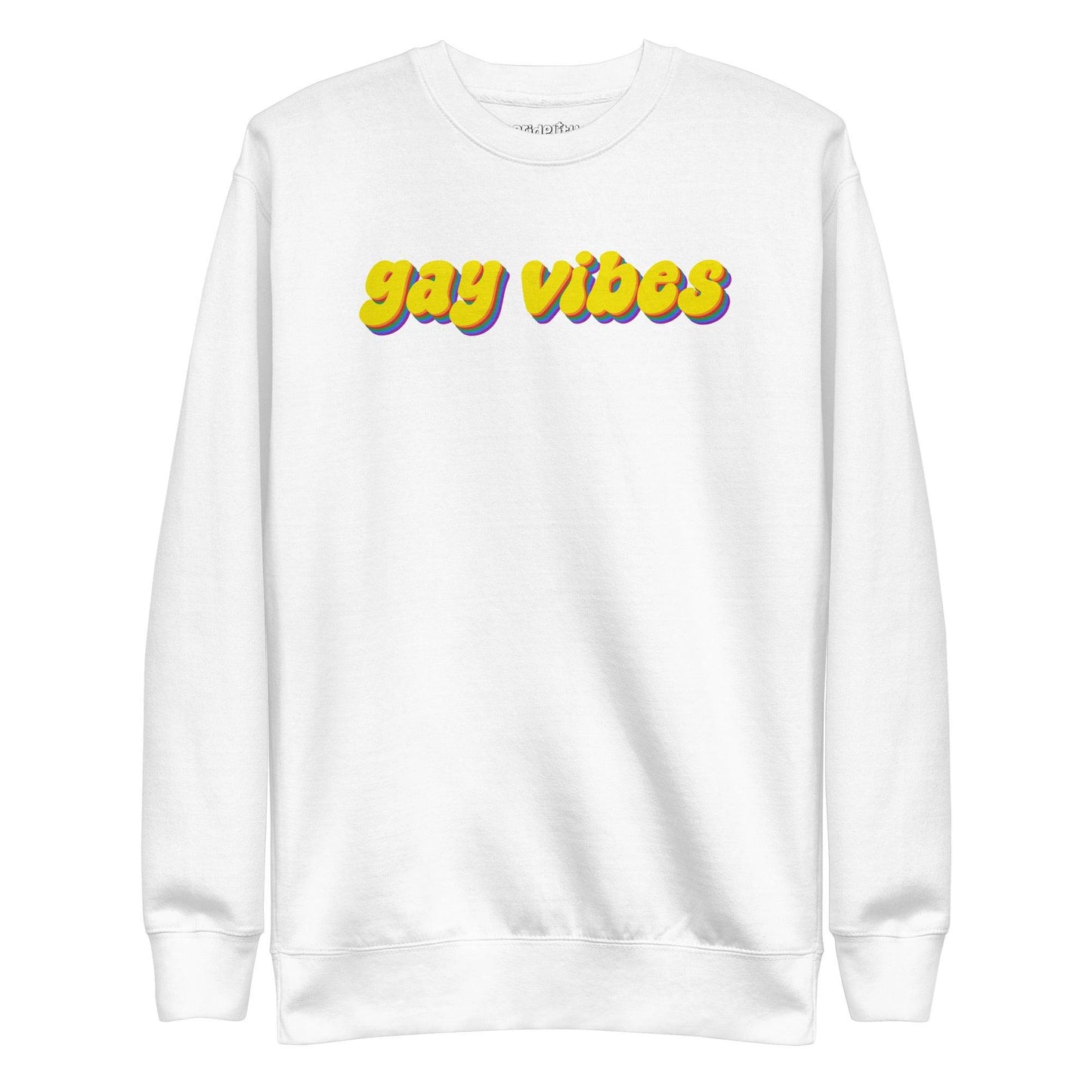 A dusty rose sweatshirt from Pridelity captures the essence of rainbow clothes style with the bold phrase "gay vibes" in yellow letters accented by purple shadows. Complementing this vibrant message, a small white "pridelity" logo is showcased above.