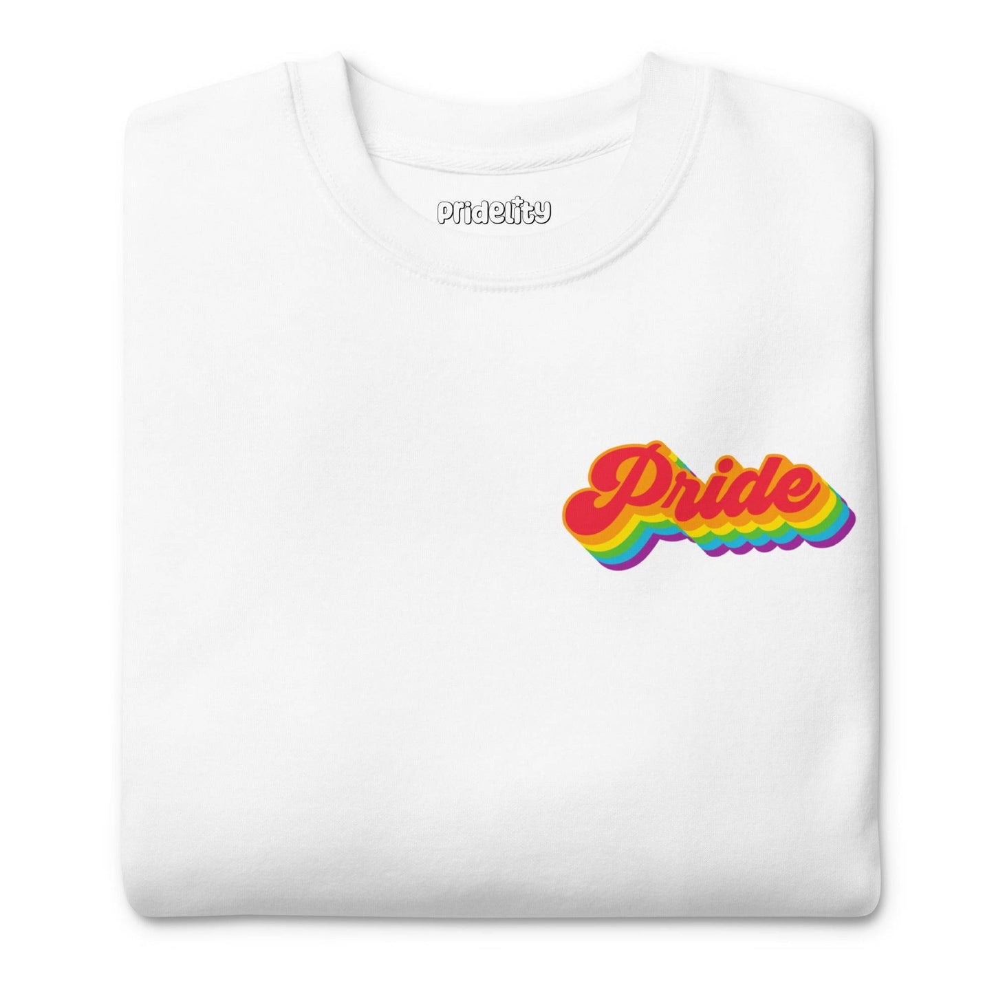 Introducing the Pride Sweatshirt by Pridelity, a standout from the pride collection. This white sweatshirt features "Pride" in bold, vibrant rainbow letters across the chest, styled in a retro font with a curved underline. Designed for comfort, it offers a relaxed fit with ribbed cuffs and waistband—ideal for your pride outfit.