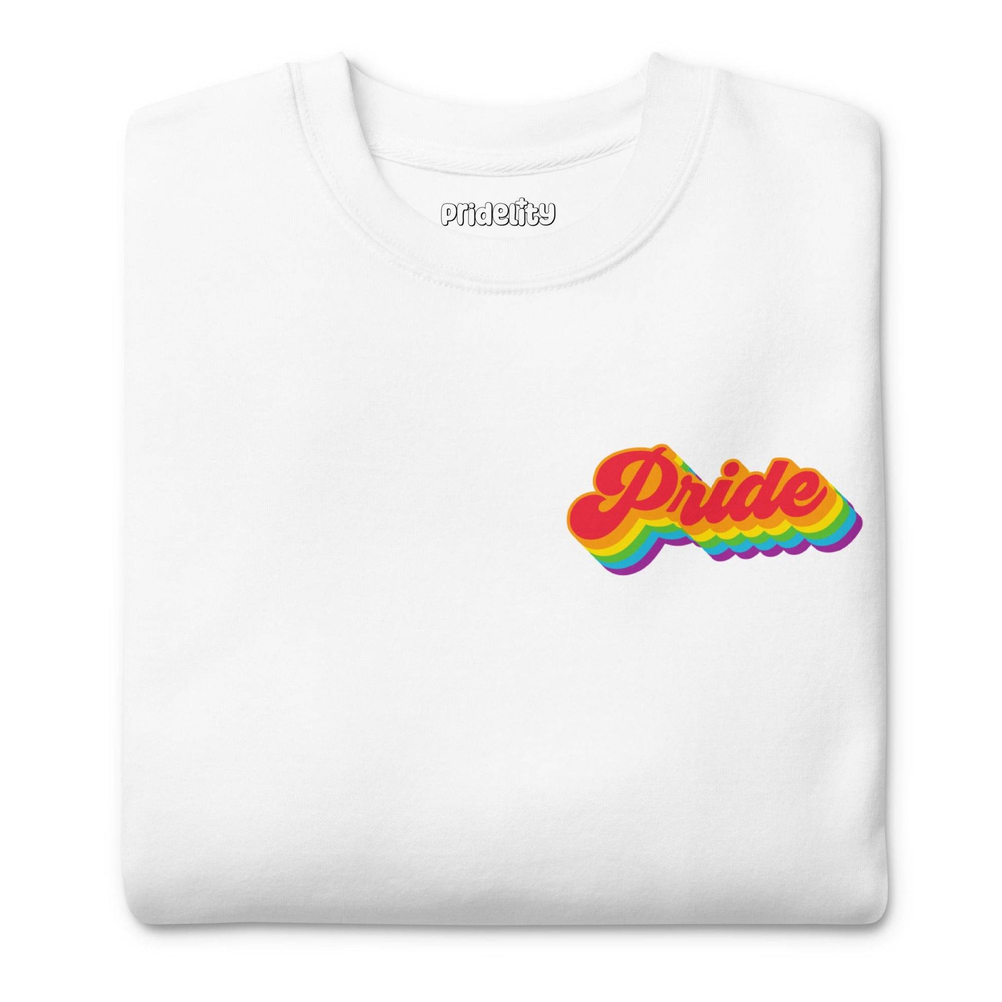 Introducing the Pride Sweatshirt by Pridelity, a standout from the pride collection. This white sweatshirt features "Pride" in bold, vibrant rainbow letters across the chest, styled in a retro font with a curved underline. Designed for comfort, it offers a relaxed fit with ribbed cuffs and waistband—ideal for your pride outfit.