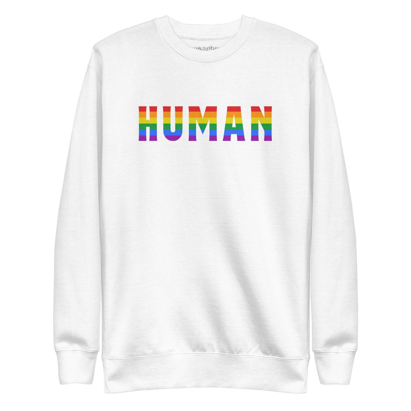The Pridelity Human Sweatshirt features the word "HUMAN" in bold, rainbow-colored letters across its black fabric, embodying the essence of rainbow clothing against a plain white backdrop.