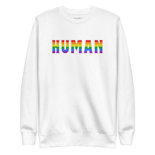 The Pridelity Human Sweatshirt features the word "HUMAN" in bold, rainbow-colored letters across its black fabric, embodying the essence of rainbow clothing against a plain white backdrop.