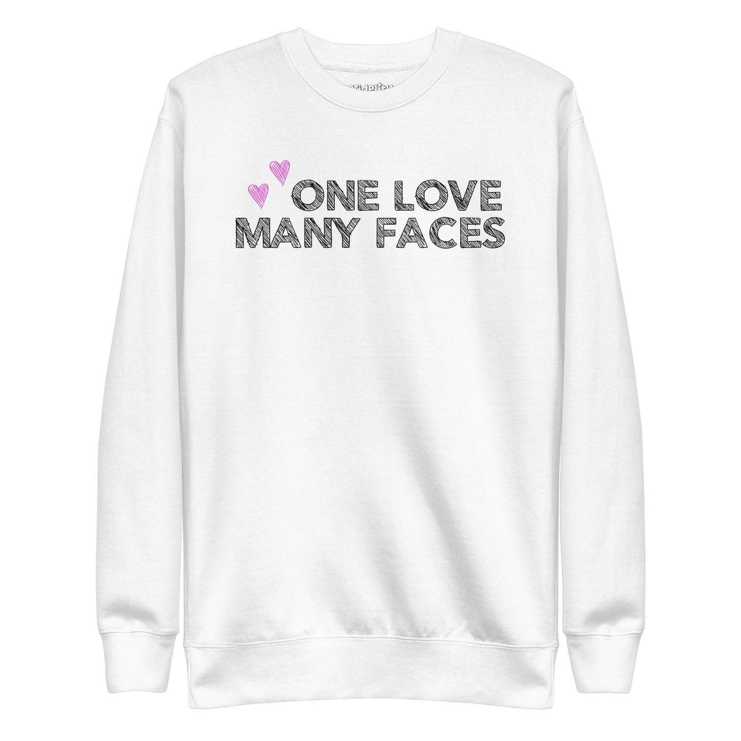 A carbon grey One Love Sweatshirt from Pridelity's pride collection features the text "ONE LOVE MANY FACES" in black, accented by two pink hearts above.