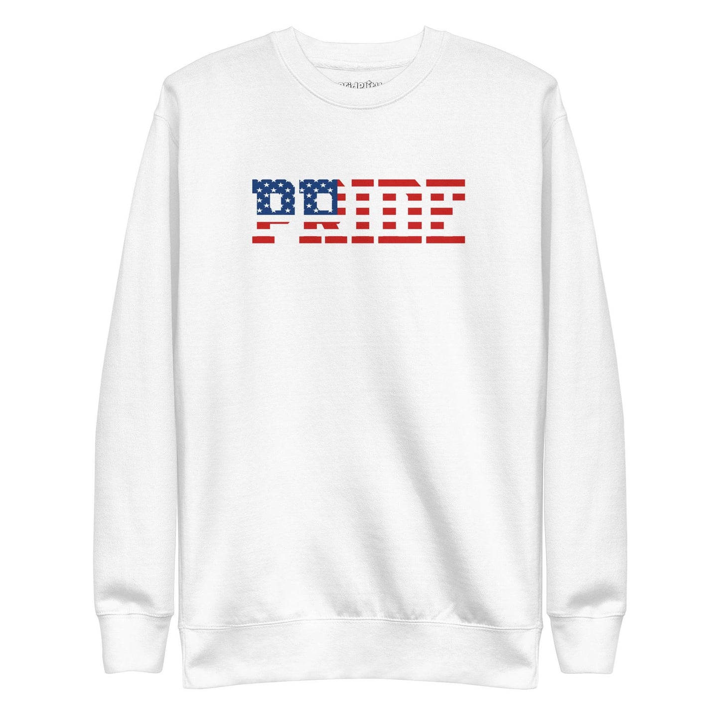 The American Pride Sweatshirt by Pridelity showcases "PRIDE" in an American flag pattern on the chest, featuring stars and stripes that reflect the essence of the USA flag. This bold and colorful design creates a striking contrast against the black fabric.