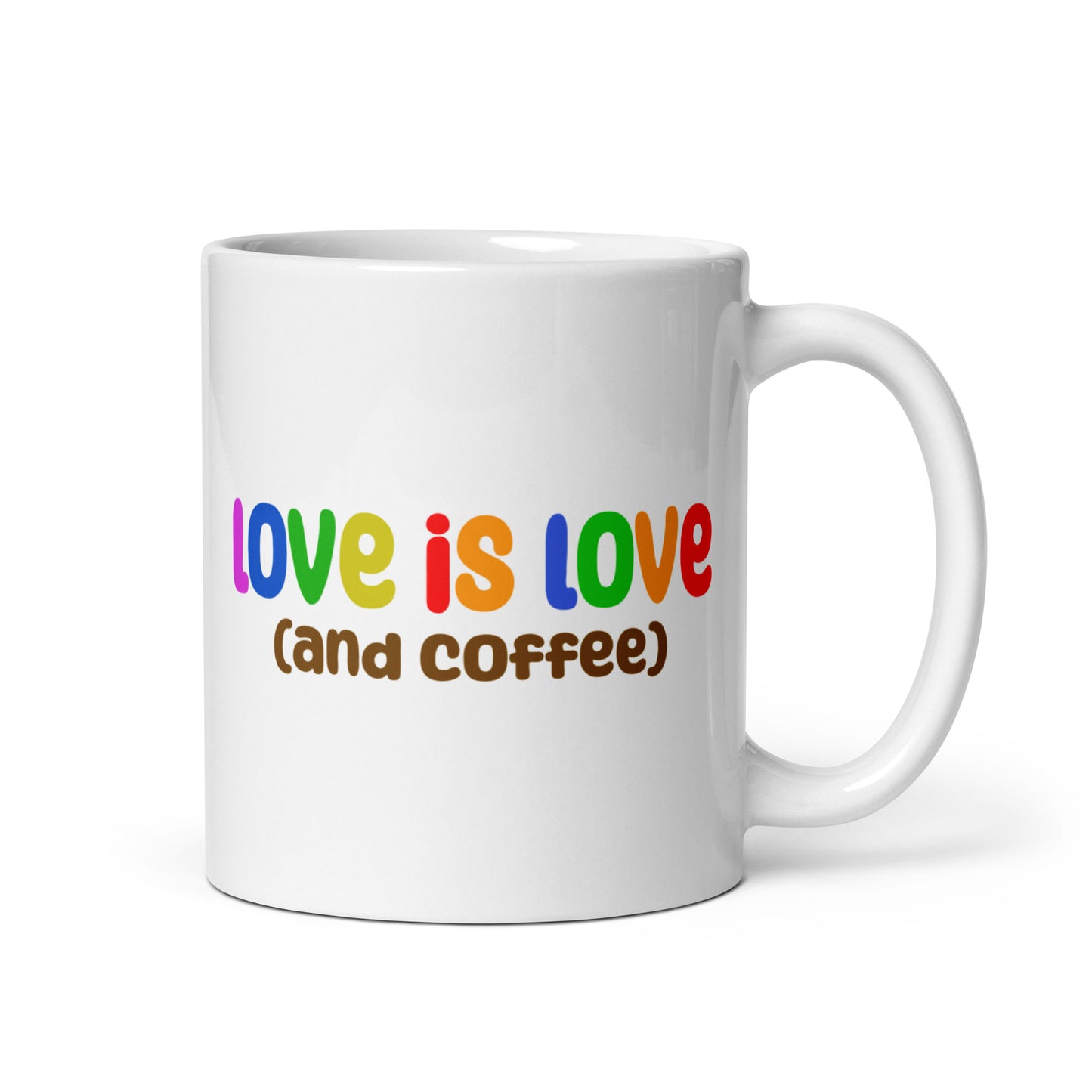 A Pridelity mug from the Pride Collections 2025, called "Love Is Love (and coffee)," showcases the phrase in colorful, bold letters.
