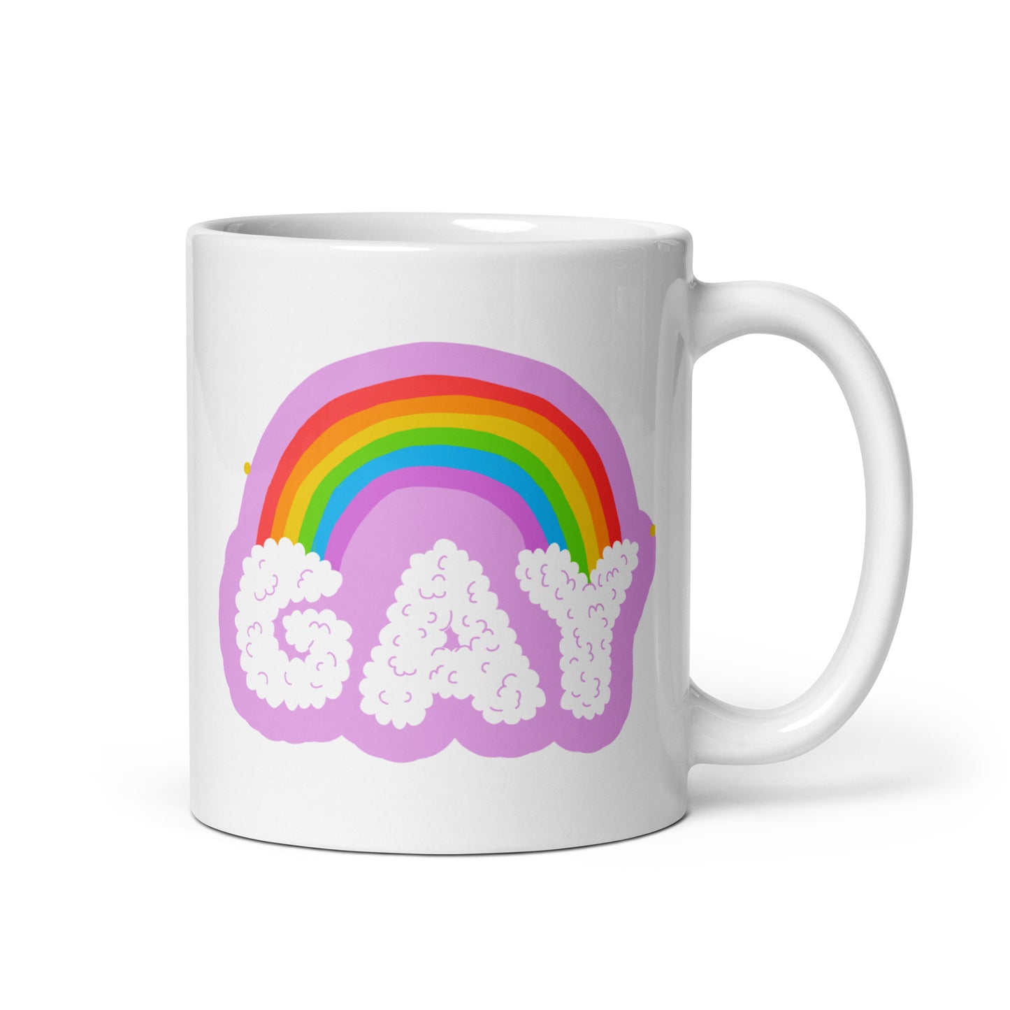 As a standout piece from Pridelity's Pride Collections 2025, the Gay Rainbow Mug showcases a lively rainbow and the word "GAY" in puffy white letters set against a cheerful pink backdrop.