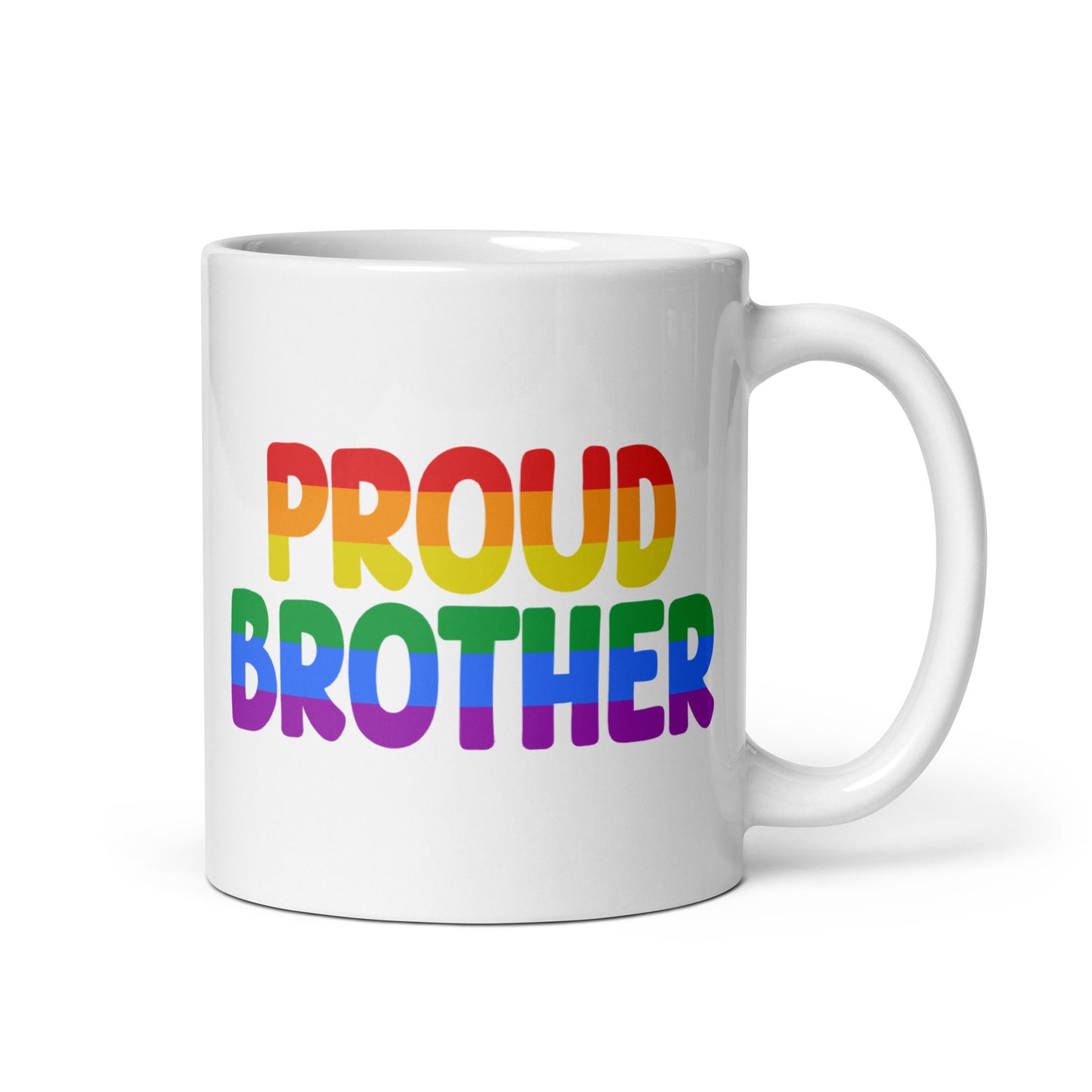 A Proud Brother Mug by Pridelity from the Pride Collections 2025 showcases the words "Proud Brother" in bold, rainbow-colored letters on a white mug.