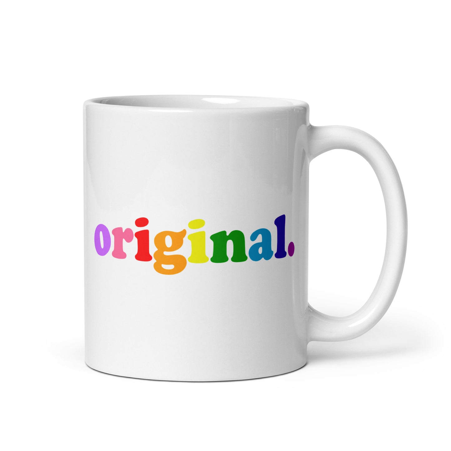 A white mug from Pridelity's Original Mug collection in the Pride Collections 2025 showcases the word "original" elegantly styled in lowercase letters, with each letter appearing in a distinct rainbow hue—purple, blue, light blue, green, yellow, orange, and red—representing unity and diversity with vivid charm.