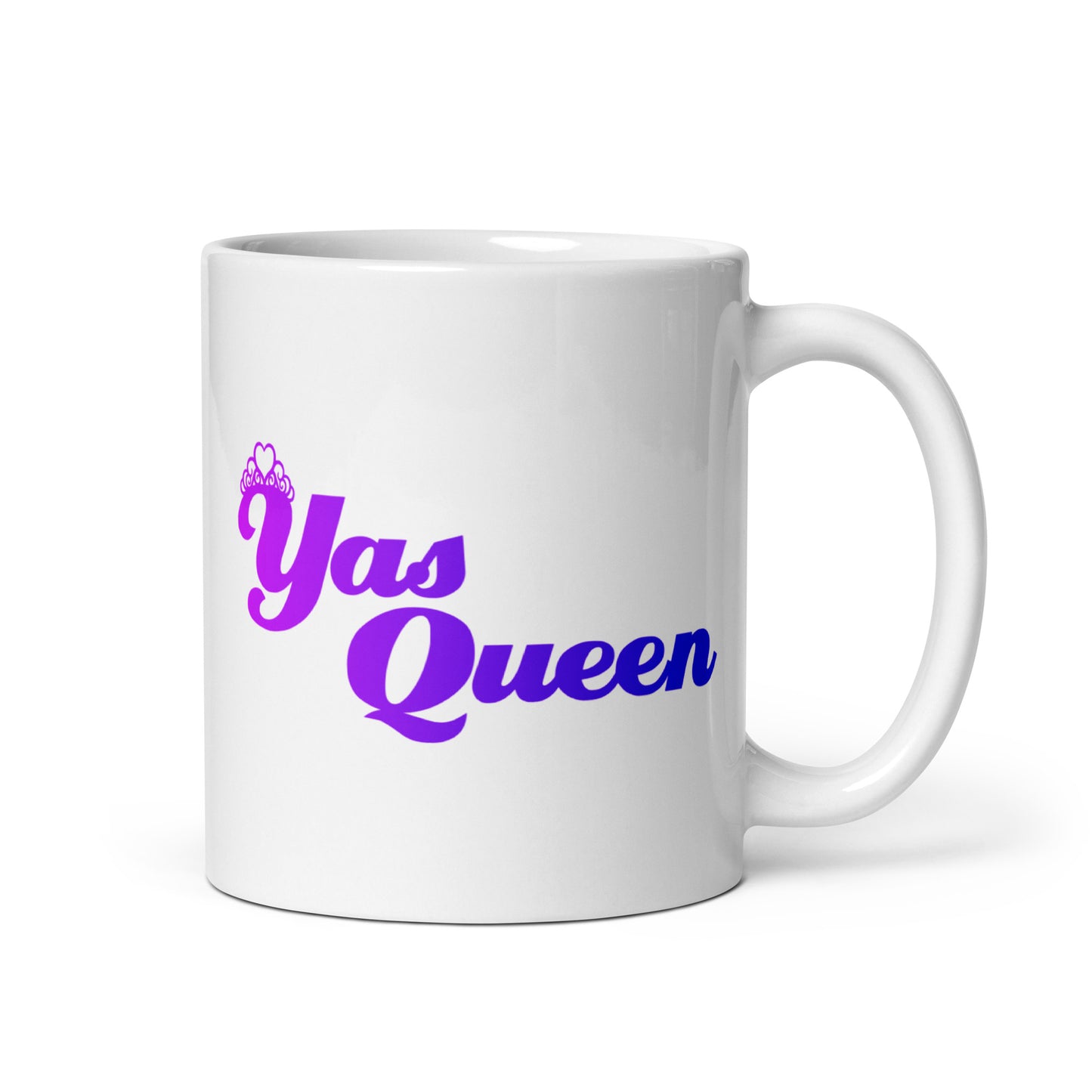 A white "Yas Queen" mug with bold, colorful letters from the Pridelity Pride Collection 2025.