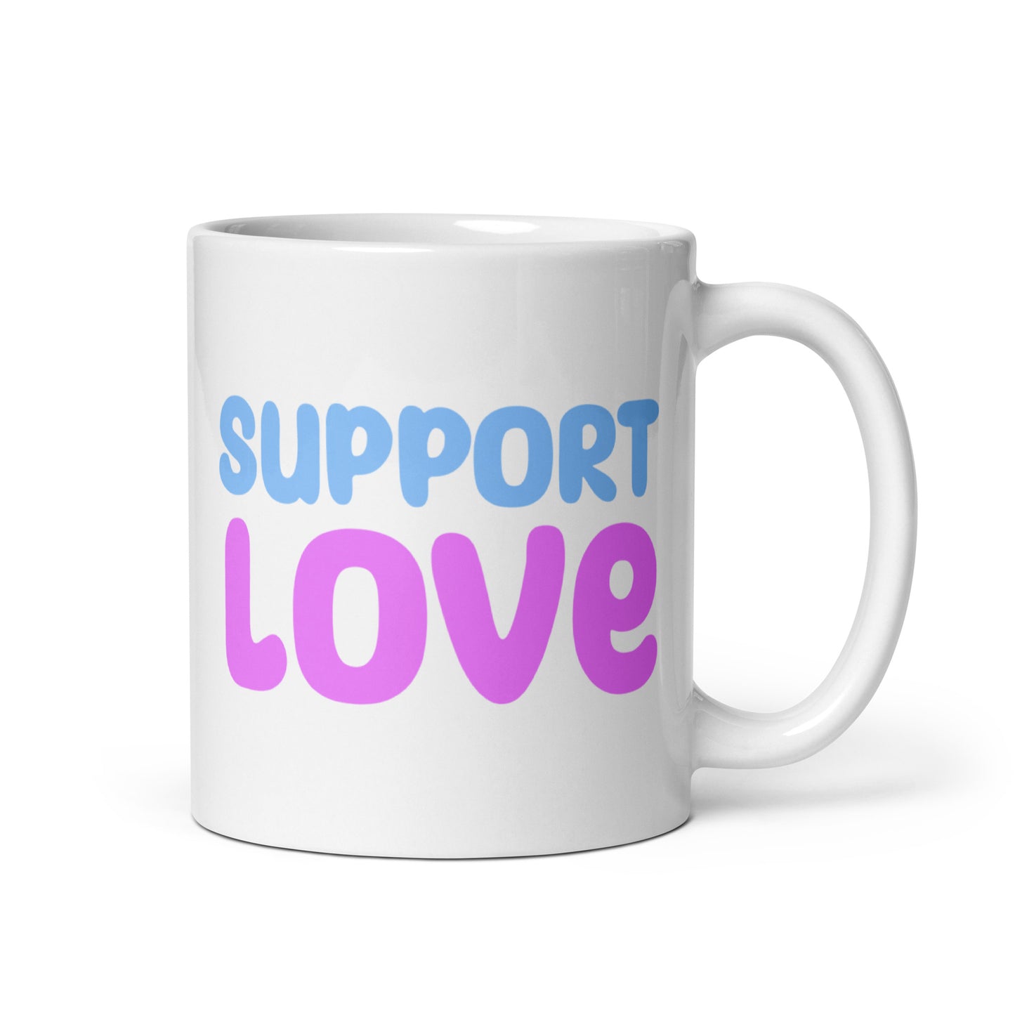 The Support Love Mug by Pridelity, from the Pride Collections 2025, showcases "SUPPORT LOVE" in blue and pink fonts on a white background, symbolizing a vibrant celebration of inclusivity.