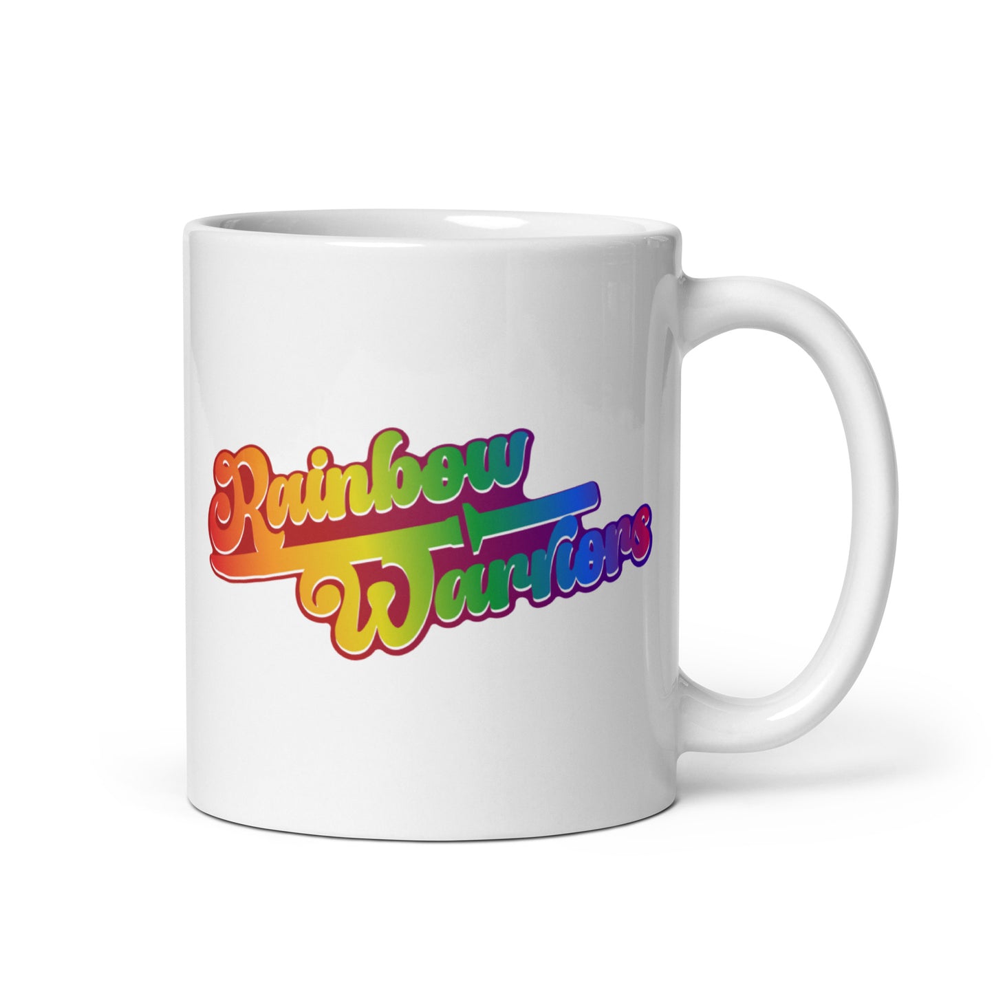 This Pridelity "Rainbow Warriors" Mug features colorful, retro-style lettering on a white background, making it a perfect addition to pride collections 2025.