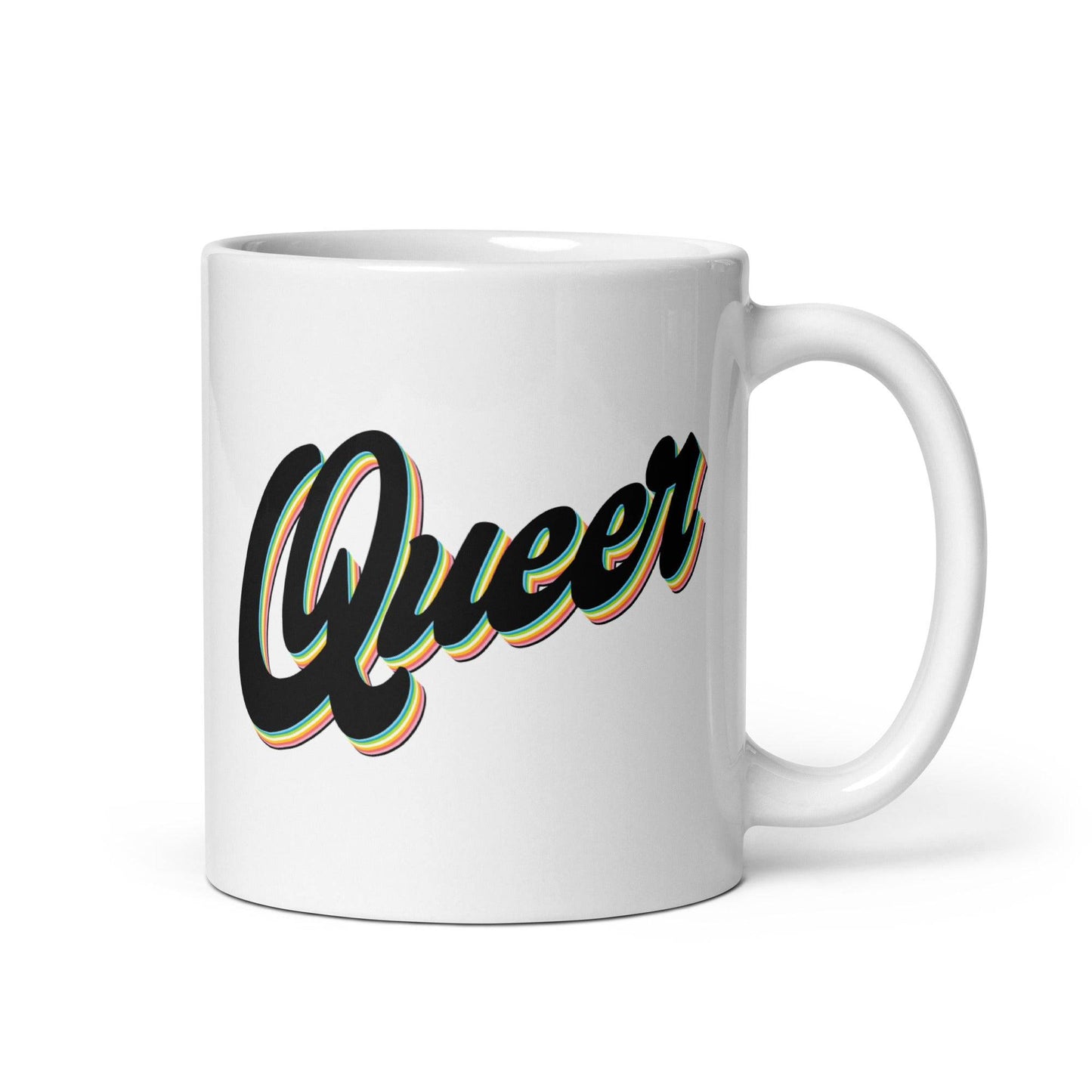 Pridelity's Queer Mug showcases the word "Queer" in bold, black cursive letters with a vibrant outline set against a plain white ceramic surface, and is part of our Pride Collections 2025.
