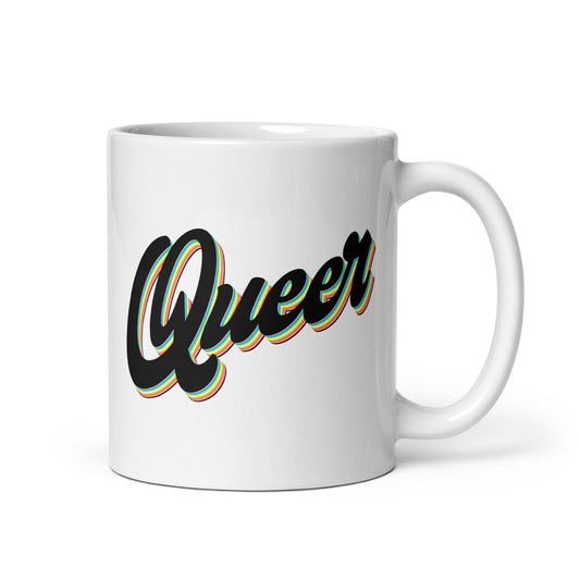 Pridelity's Queer Mug showcases the word "Queer" in bold, black cursive letters with a vibrant outline set against a plain white ceramic surface, and is part of our Pride Collections 2025.